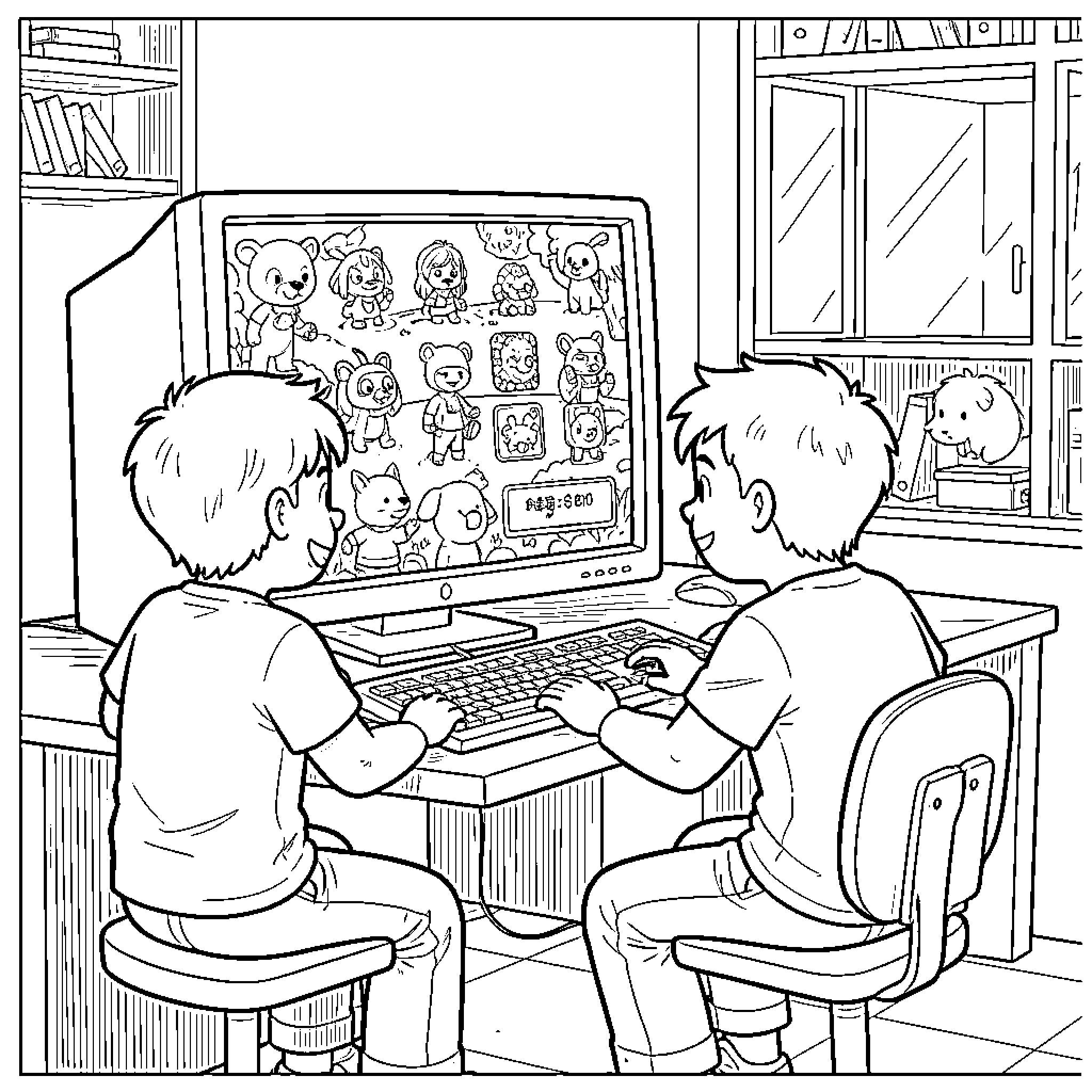 Souris enjoying playing video games together Coloring Page (free black-and-white line drawing printable PDF for all, from beginners to advanced learners, including children, teens, adults, and seniors)