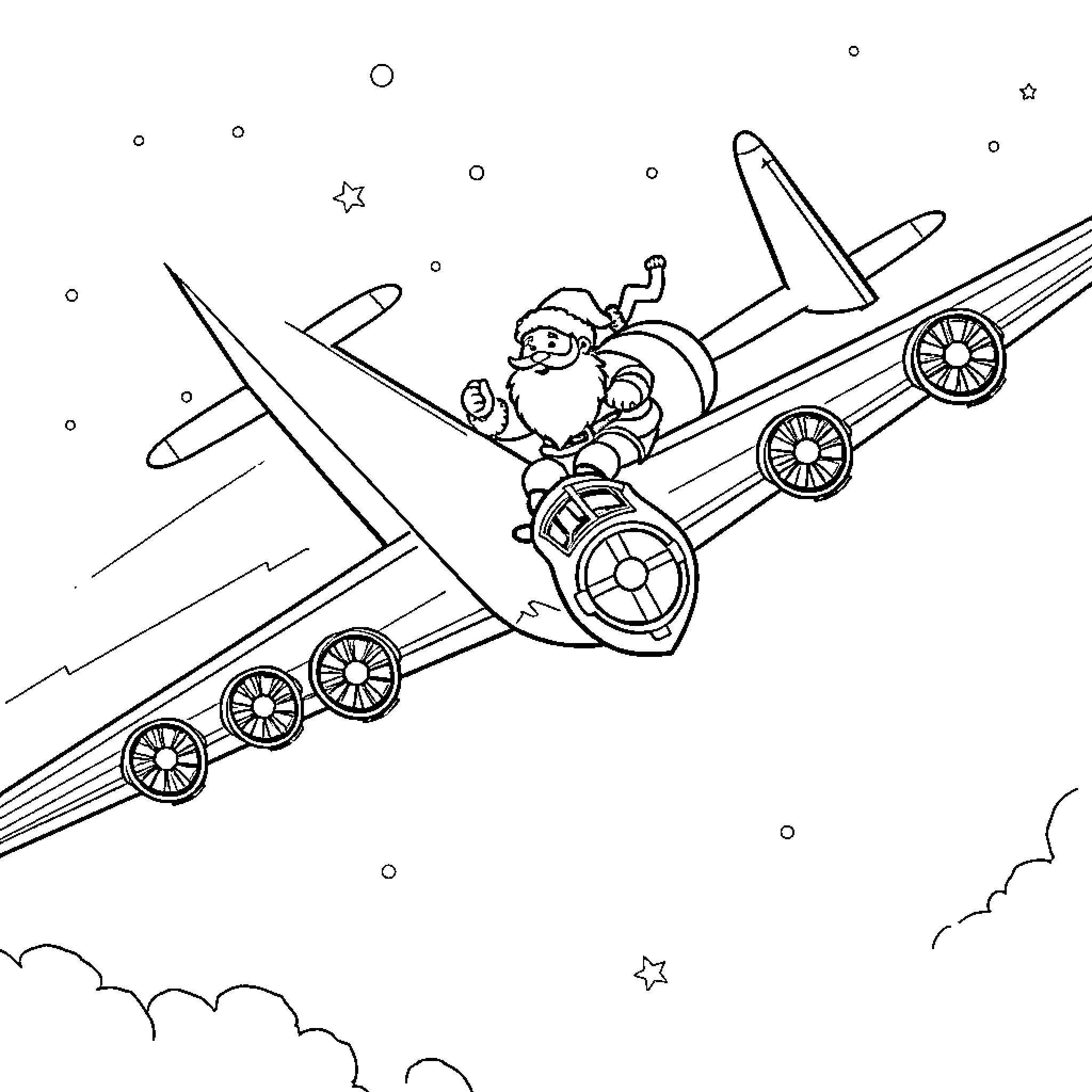 Santa flying a toy airplane in the sky Coloring Page (free black-and-white line drawing printable PDF for all, from beginners to advanced learners, including children, teens, adults, and seniors)