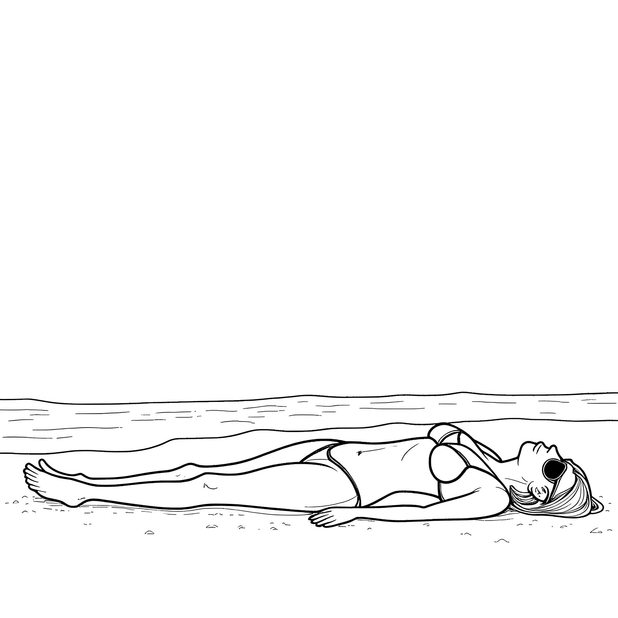Beach scene with person relaxing on the sand Coloring Page (free black-and-white line drawing printable PDF for all, from beginners to advanced learners, including children, teens, adults, and seniors)