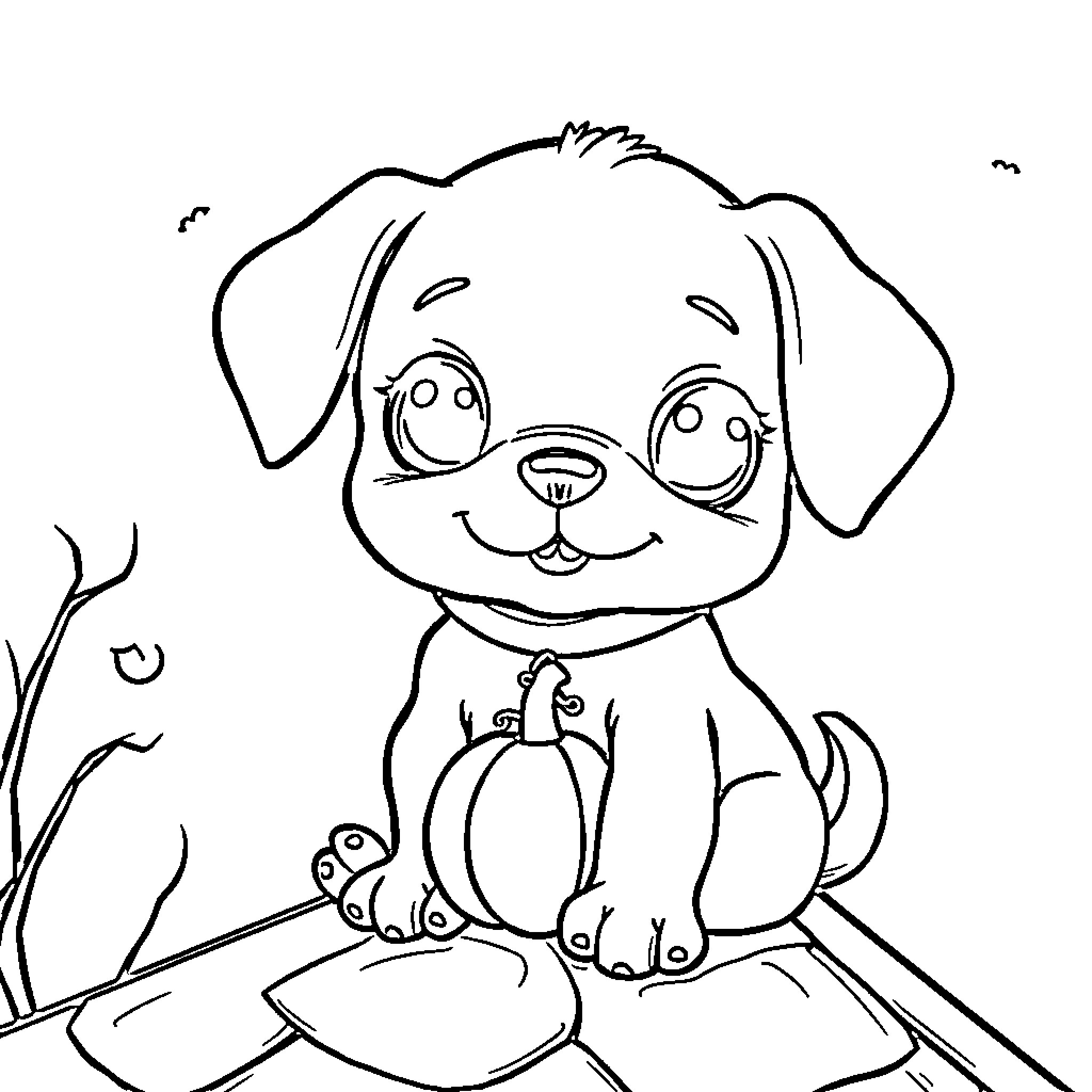 Puppy sitting adorably on the grass Coloring Page (free black-and-white line drawing printable PDF for all, from beginners to advanced learners, including children, teens, adults, and seniors)