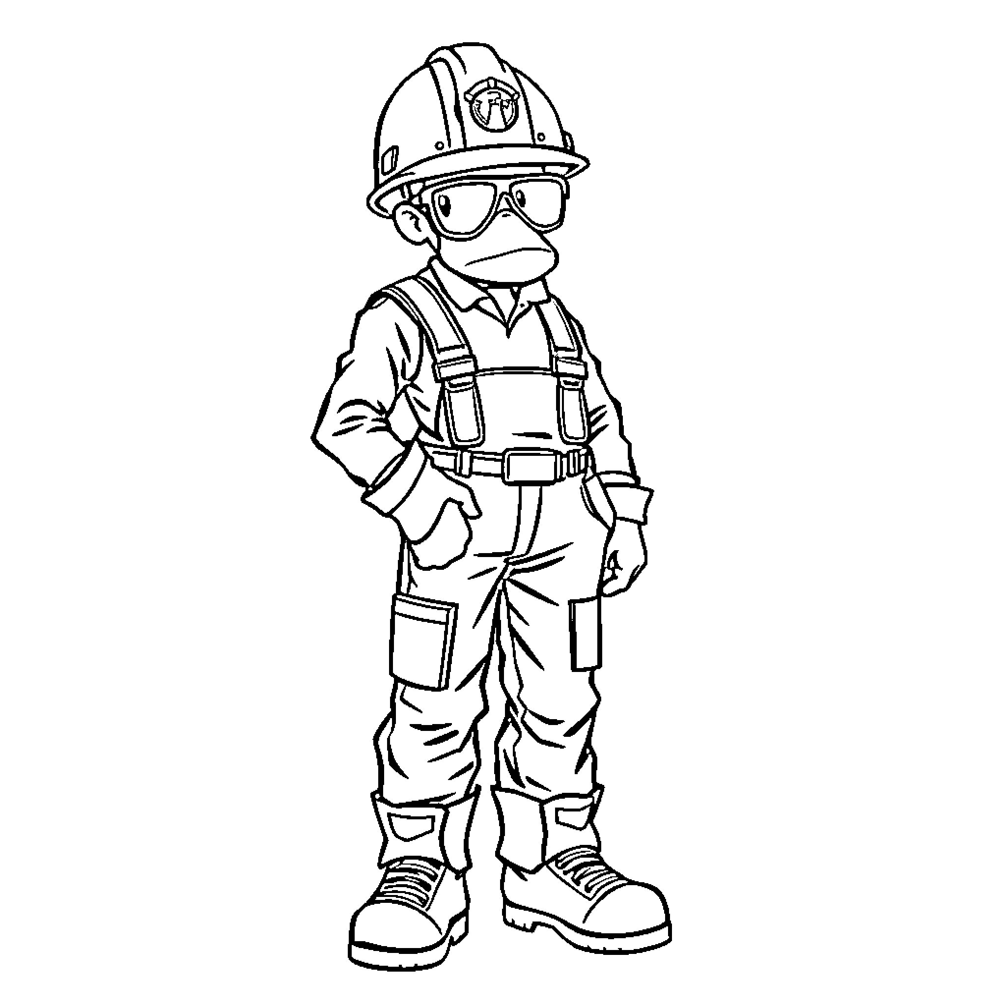 Miner in protective gear ready for work Coloring Page (free black-and-white line drawing printable PDF for all, from beginners to advanced learners, including children, teens, adults, and seniors)