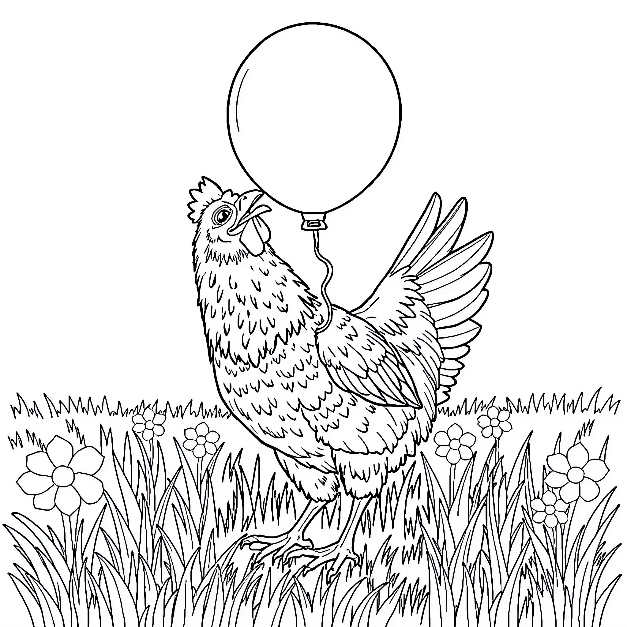 Vache strutting with a balloon in a floral field Coloring Page (free black-and-white line drawing printable PDF for all, from beginners to advanced learners, including children, teens, adults, and seniors)