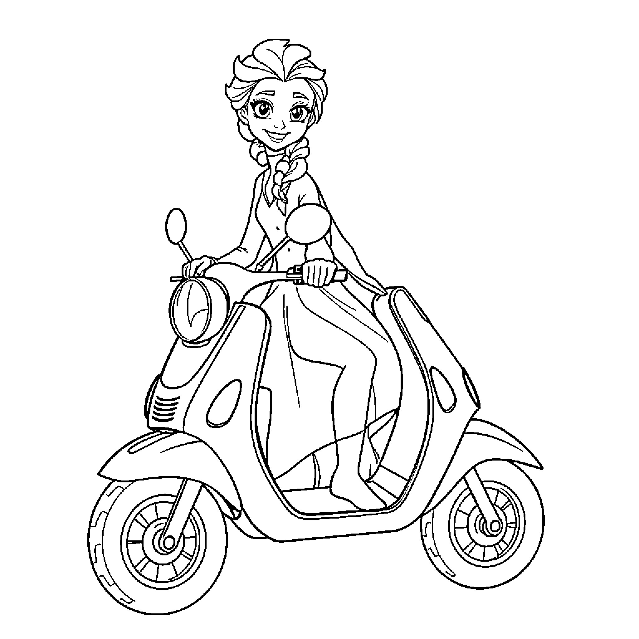 Elsa riding a scooter on a fun adventure Coloring Page (free black-and-white line drawing printable PDF for all, from beginners to advanced learners, including children, teens, adults, and seniors)