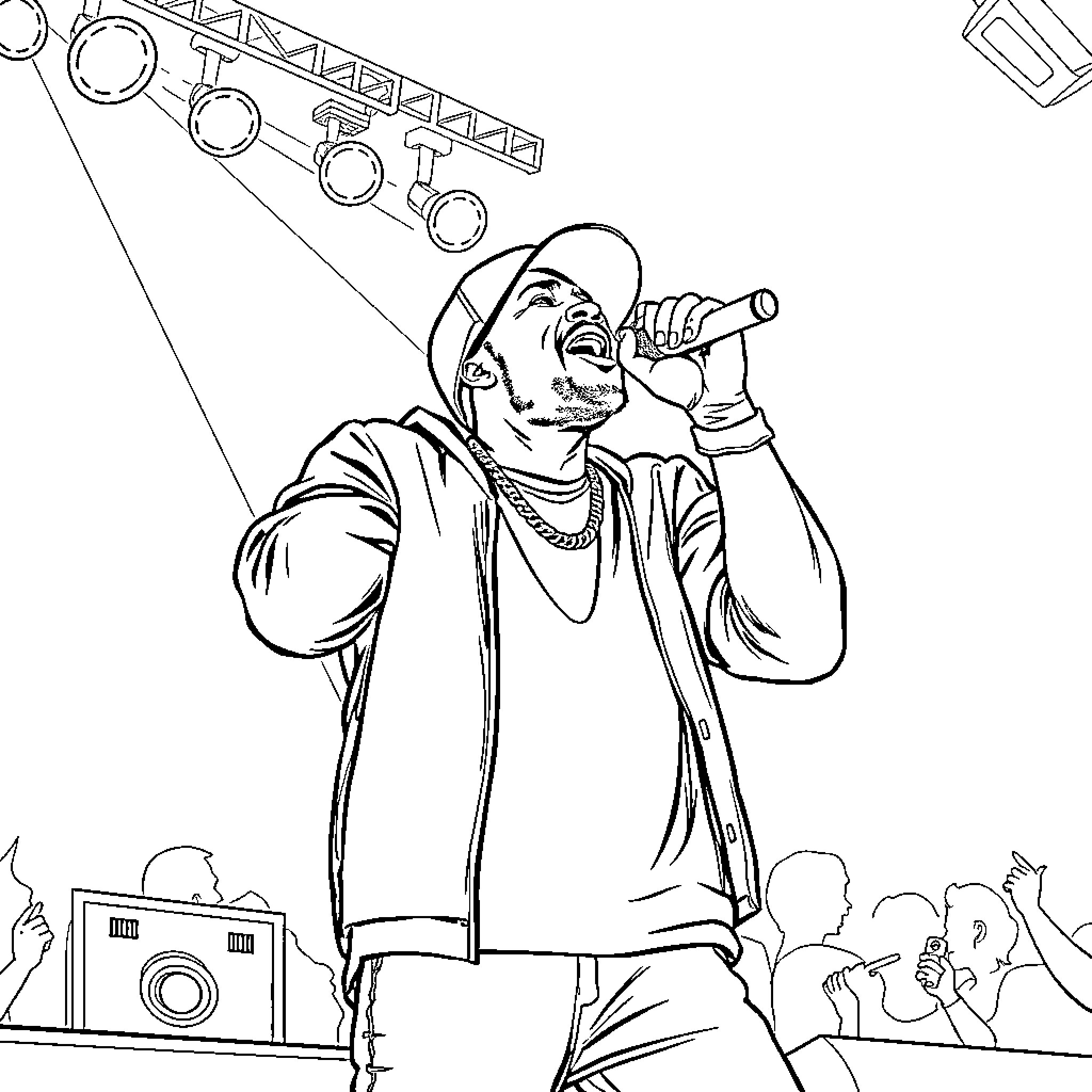Rapper performing on stage with enthusiasm Coloring Page (free black-and-white line drawing printable PDF for all, from beginners to advanced learners, including children, teens, adults, and seniors)