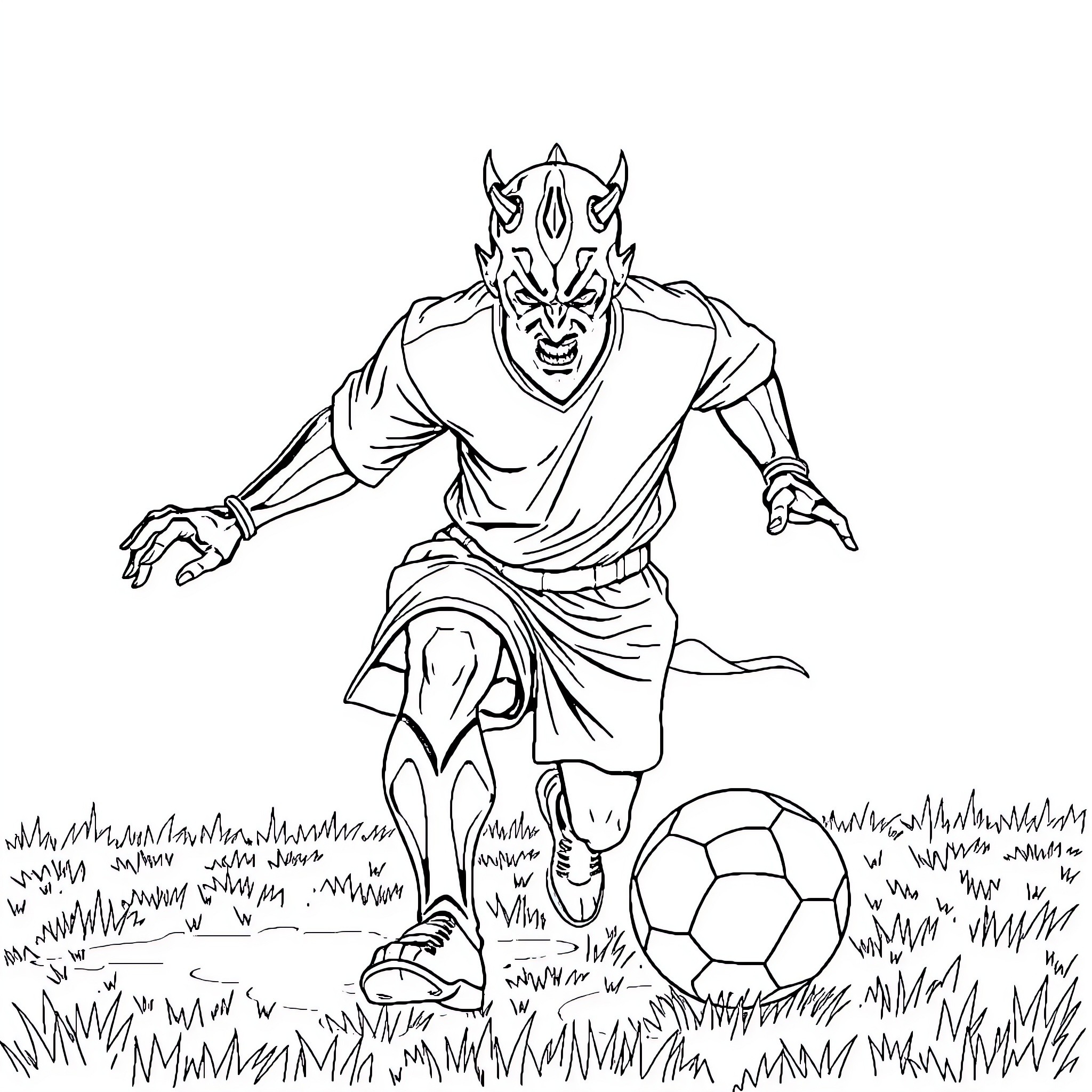 Darth Maul playing soccer in a grassy field Coloring Page (free black-and-white line drawing printable PDF for all, from beginners to advanced learners, including children, teens, adults, and seniors)