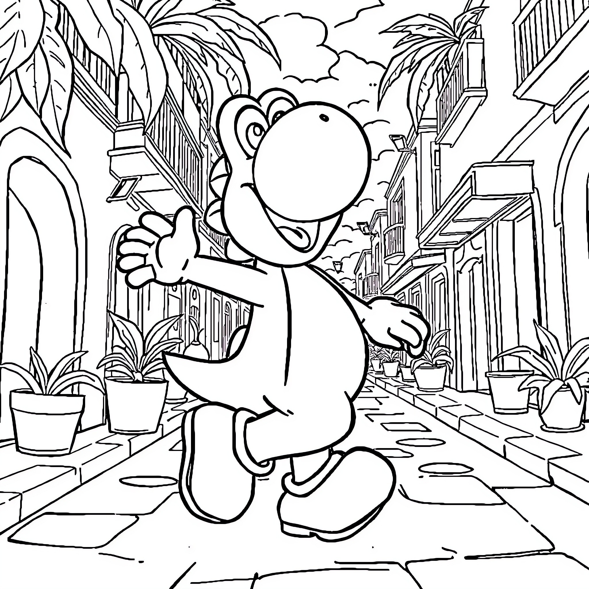 Yoshi Explores the Vibrant City Street Coloring Page (free black-and-white line drawing printable PDF for all, from beginners to advanced learners, including children, teens, adults, and seniors)