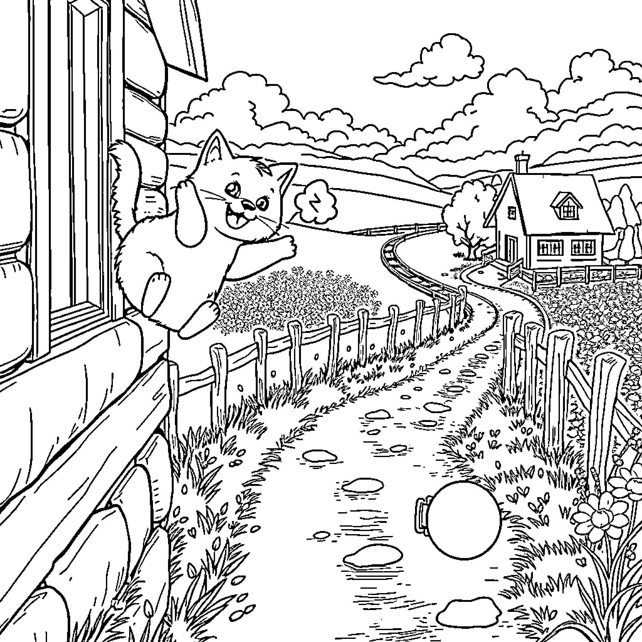 Kolobok's Countryside Adventure Coloring Page (free black-and-white line drawing printable PDF for all, from beginners to advanced learners, including children, teens, adults, and seniors)