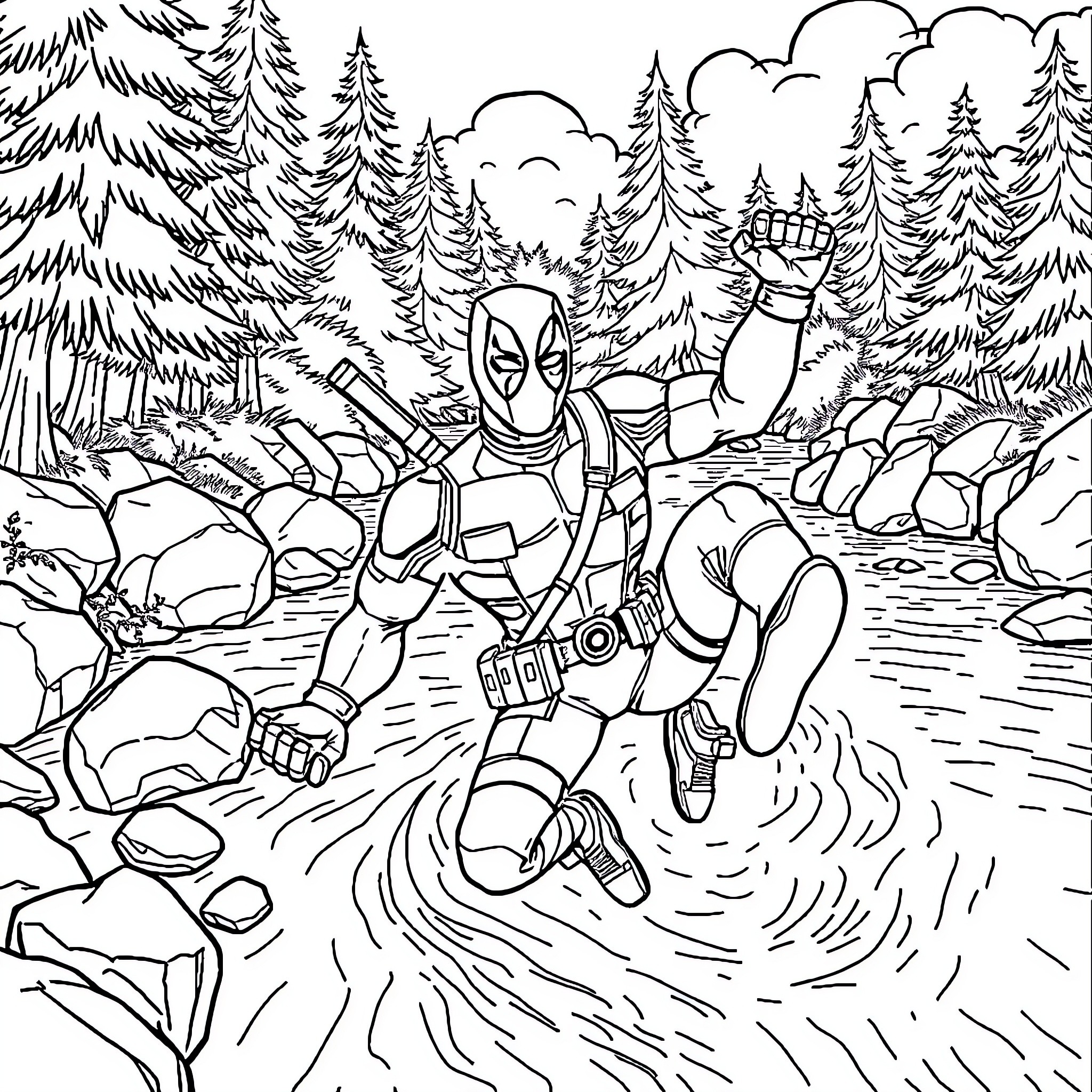 Deadpool's Wilderness Adventure Coloring Page (free black-and-white line drawing printable PDF for all, from beginners to advanced learners, including children, teens, adults, and seniors)