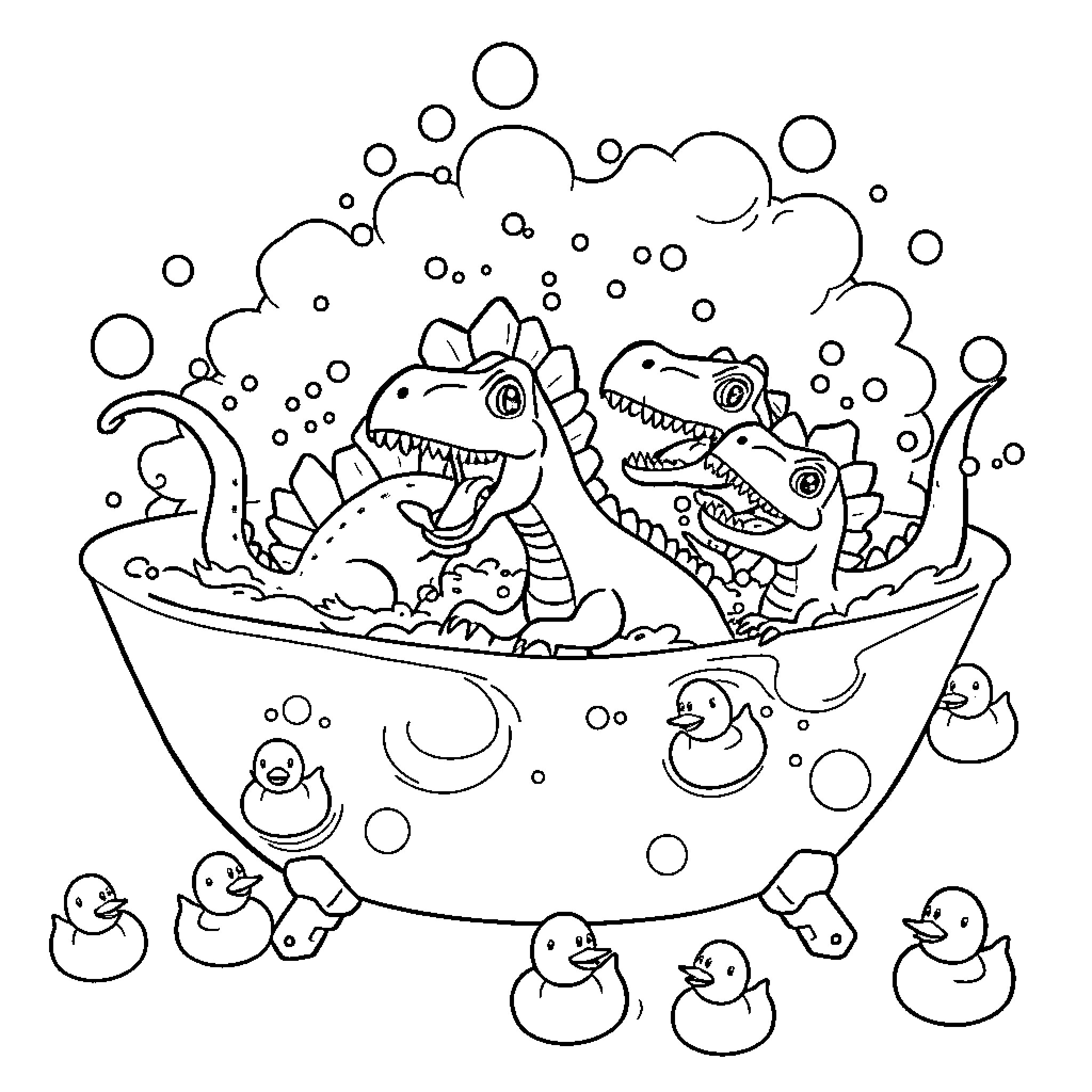 Dinosaurs playing in a bubbly bath Coloring Page (free black-and-white line drawing printable PDF for all, from beginners to advanced learners, including children, teens, adults, and seniors)