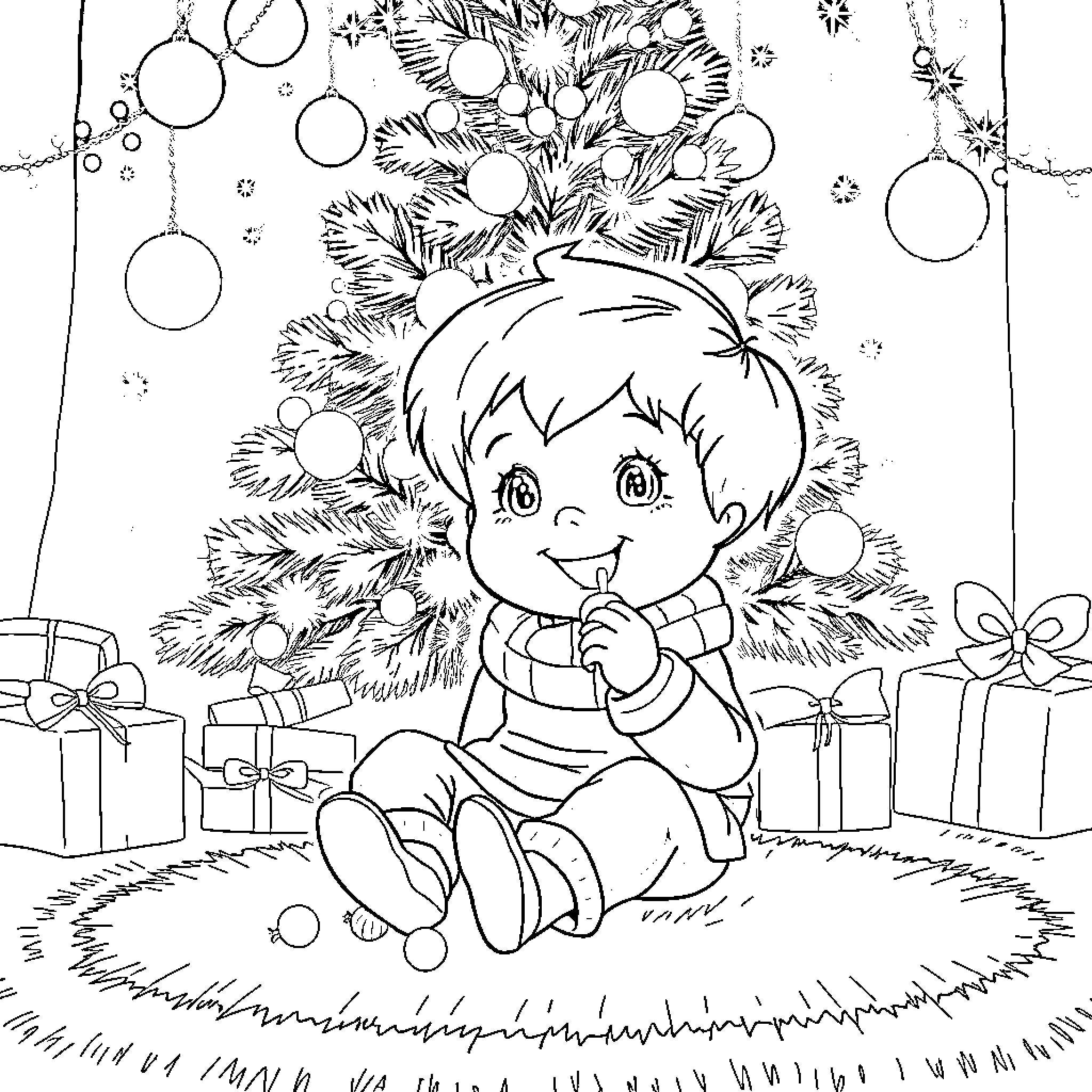 Bobbie enjoying the Christmas tree and gifts Coloring Page (free black-and-white line drawing printable PDF for all, from beginners to advanced learners, including children, teens, adults, and seniors)