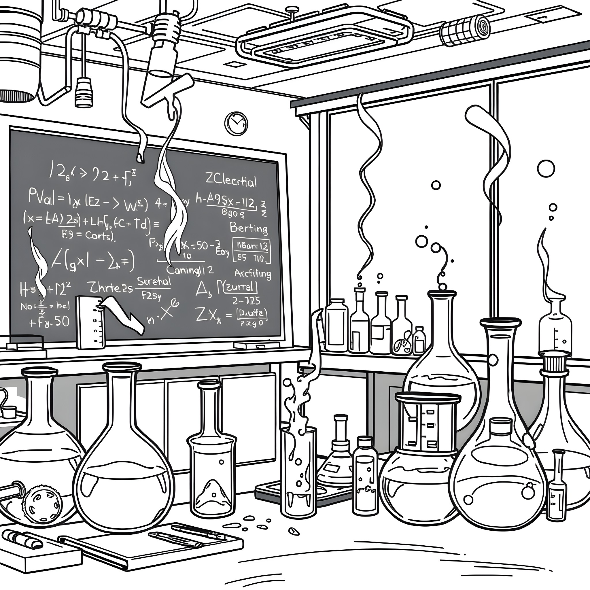 Science Lab Filled with Experimental Equipment Coloring Page (free black-and-white line drawing printable PDF for all, from beginners to advanced learners, including children, teens, adults, and seniors)