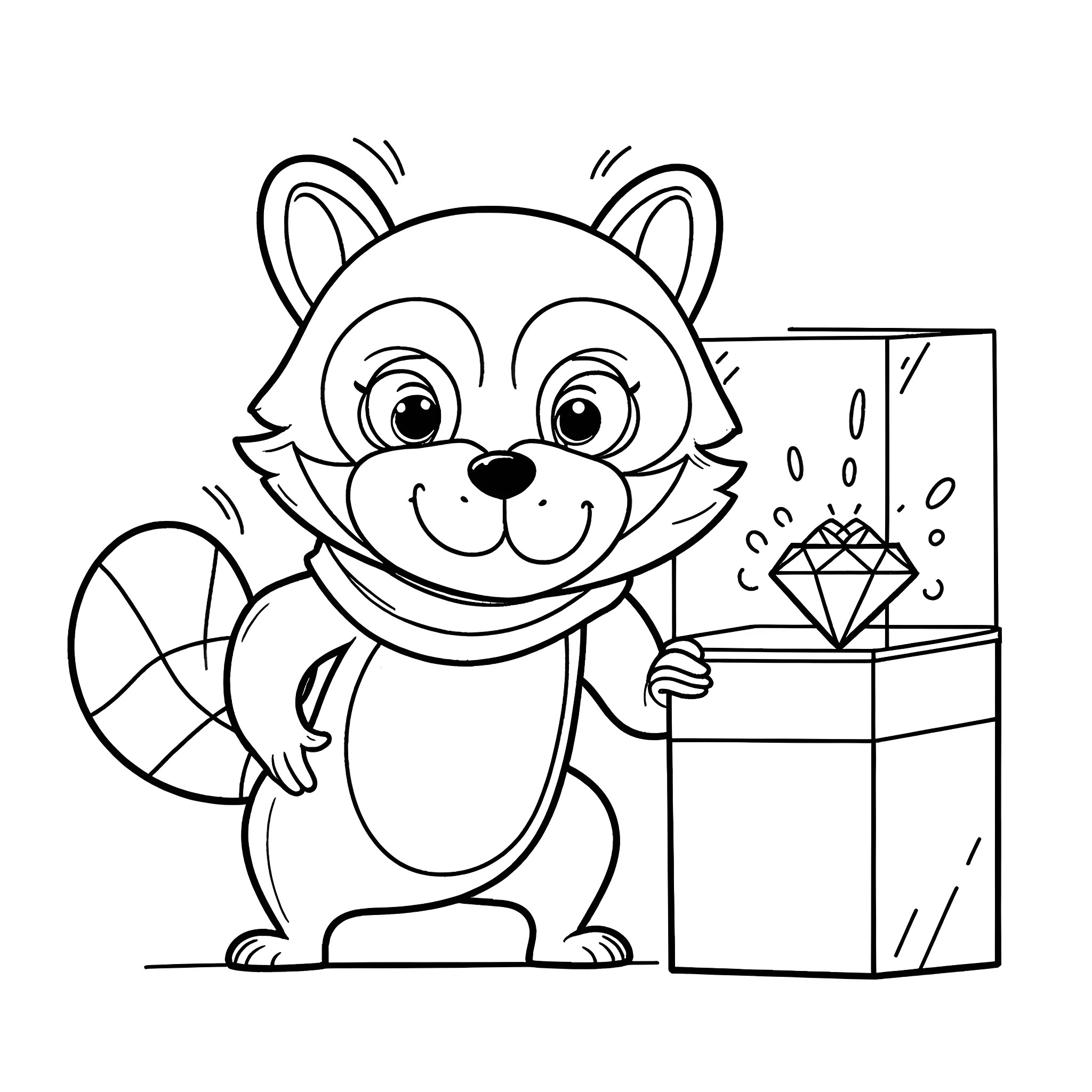Raccoon holding a present and smiling Coloring Page (free black-and-white line drawing printable PDF for all, from beginners to advanced learners, including children, teens, adults, and seniors)