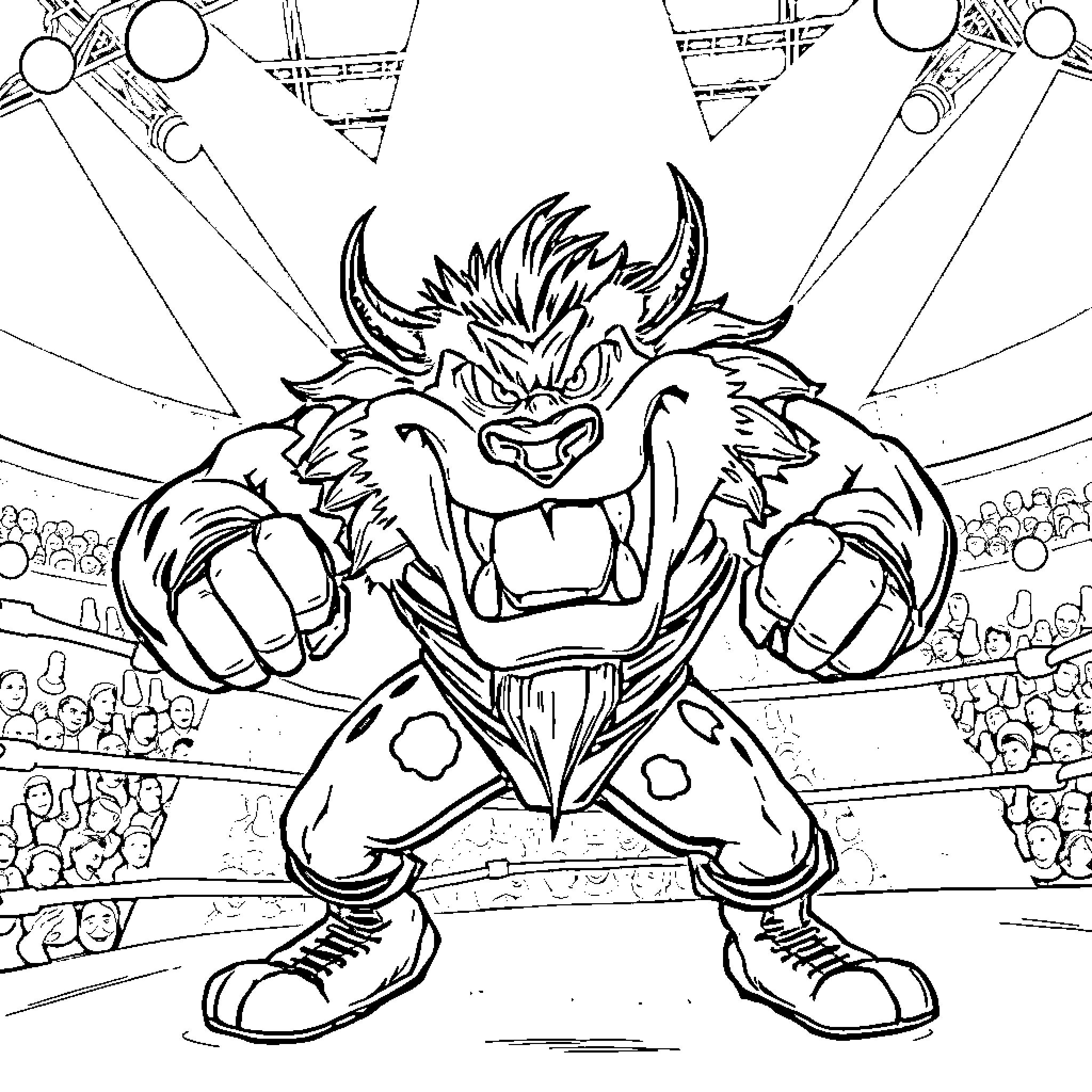 Taz Roaring Fiercely on Stage Coloring Page (free black-and-white line drawing printable PDF for all, from beginners to advanced learners, including children, teens, adults, and seniors)