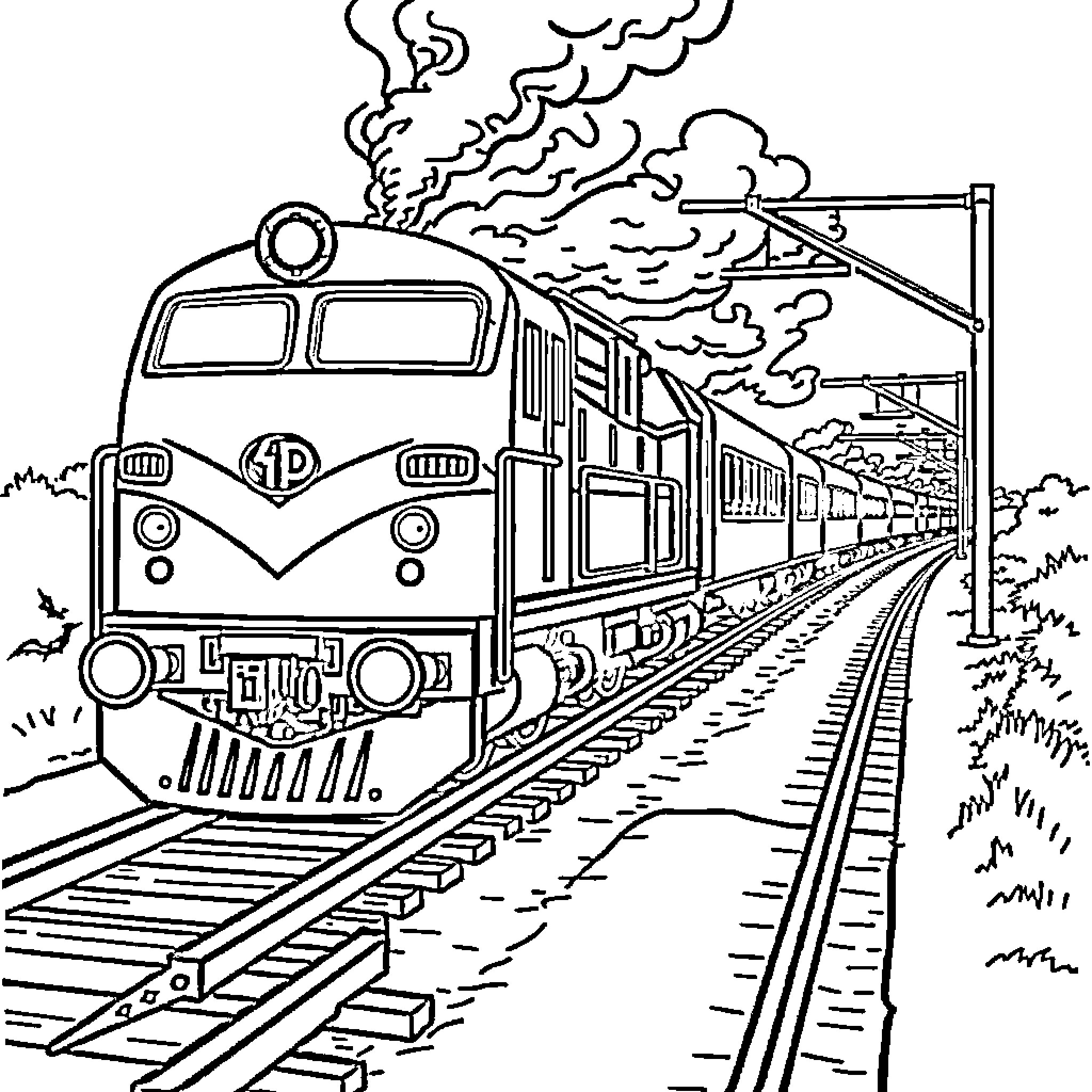 Train speeding down the tracks through the countryside Coloring Page (free black-and-white line drawing printable PDF for all, from beginners to advanced learners, including children, teens, adults, and seniors)