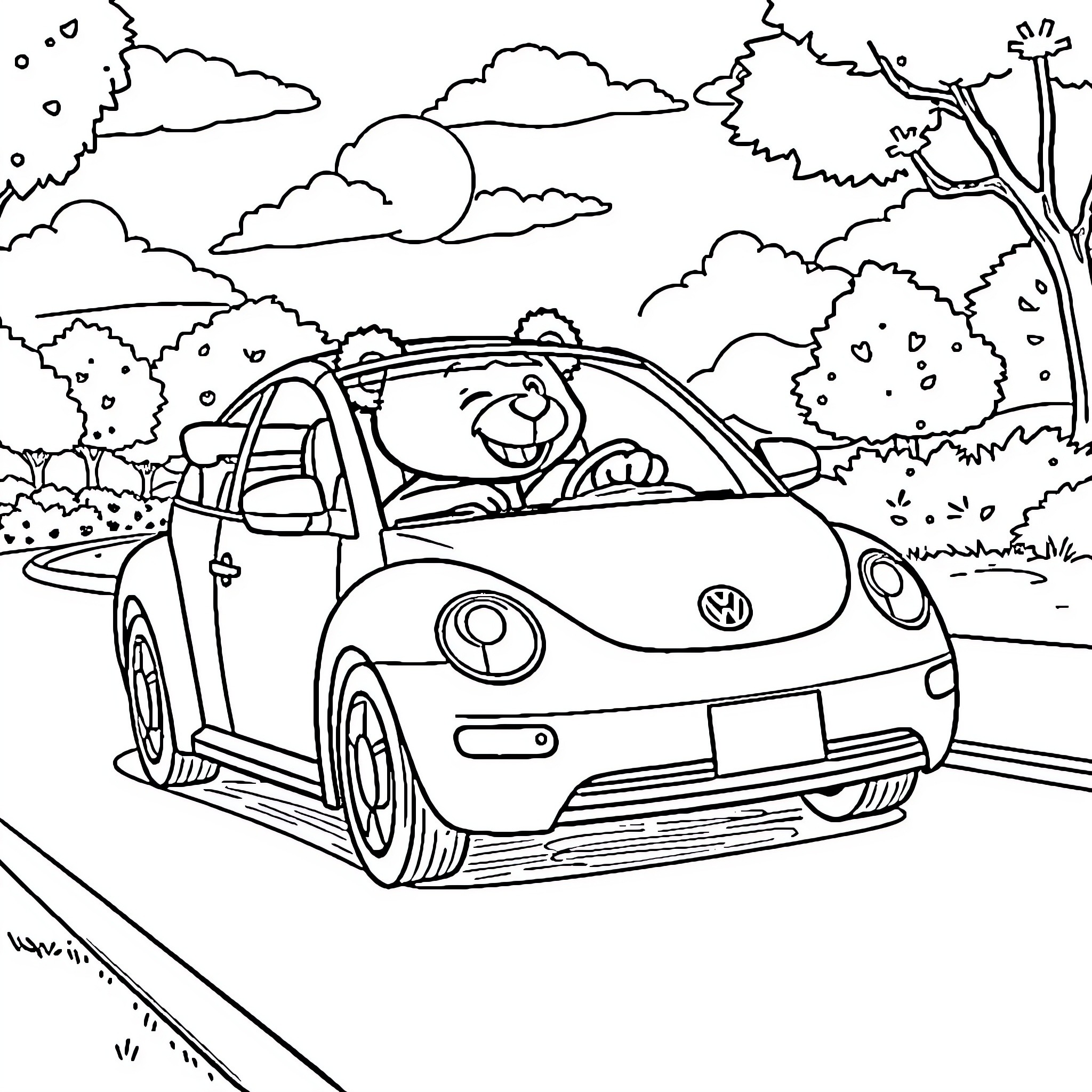 Beetle driving happily in the countryside Coloring Page (free black-and-white line drawing printable PDF for all, from beginners to advanced learners, including children, teens, adults, and seniors)