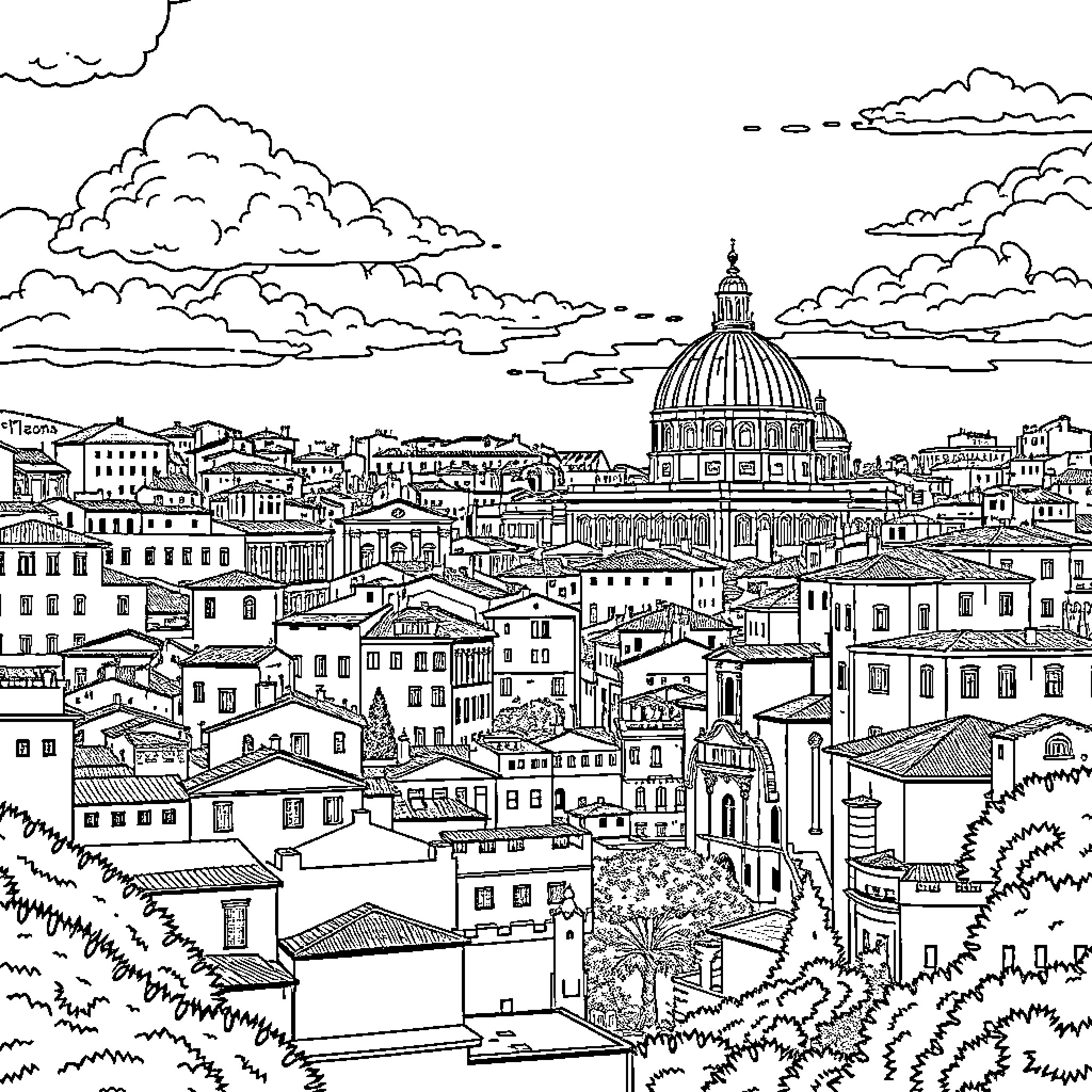 Rome's Architectural Wonders and Vibrant Cityscape Coloring Page (free black-and-white line drawing printable PDF for all, from beginners to advanced learners, including children, teens, adults, and seniors)