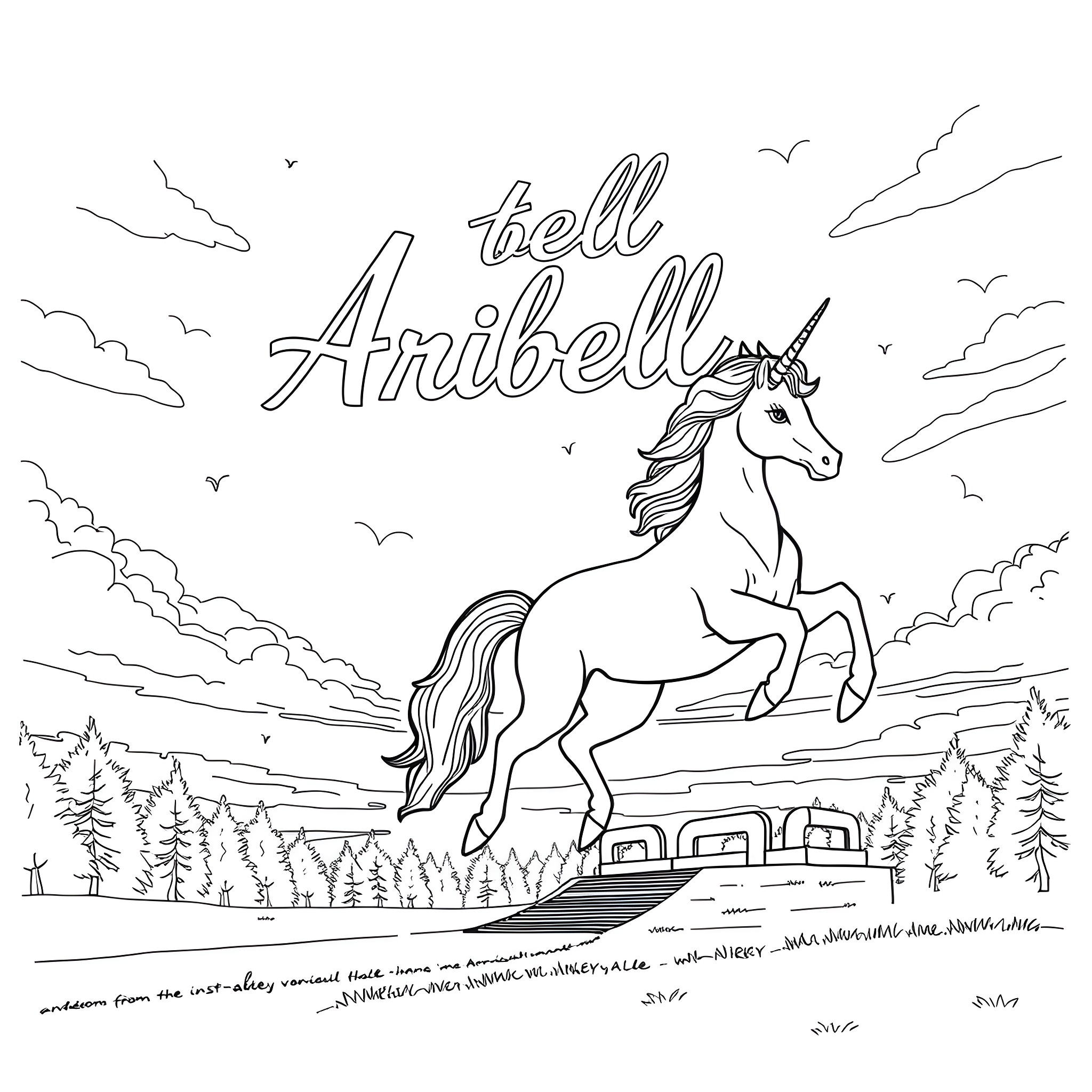 Unicorn galloping through a magical landscape Coloring Page (free black-and-white line drawing printable PDF for all, from beginners to advanced learners, including children, teens, adults, and seniors)