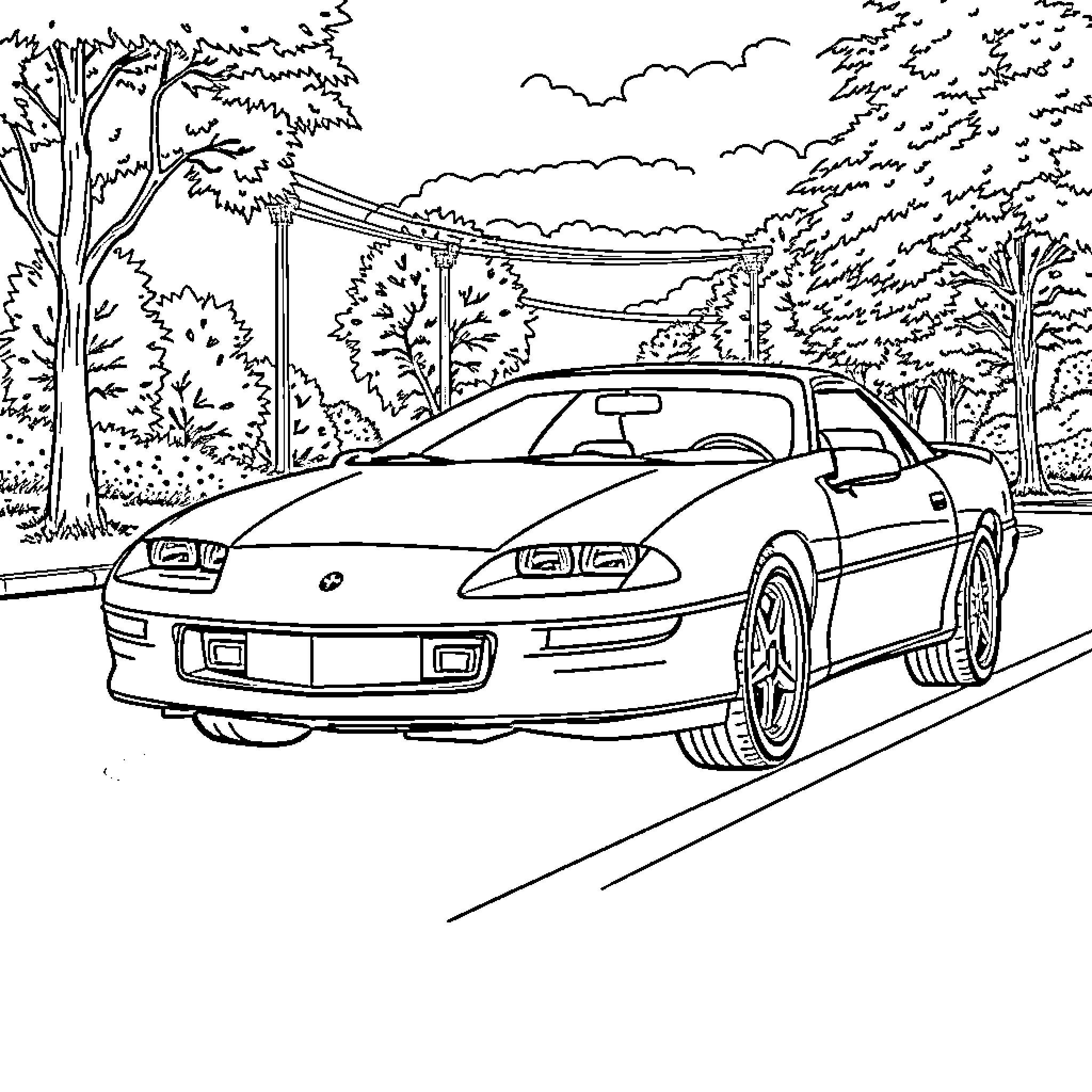 Chevrolet Camaro driving through scenic forest landscape Coloring Page (free black-and-white line drawing printable PDF for all, from beginners to advanced learners, including children, teens, adults, and seniors)
