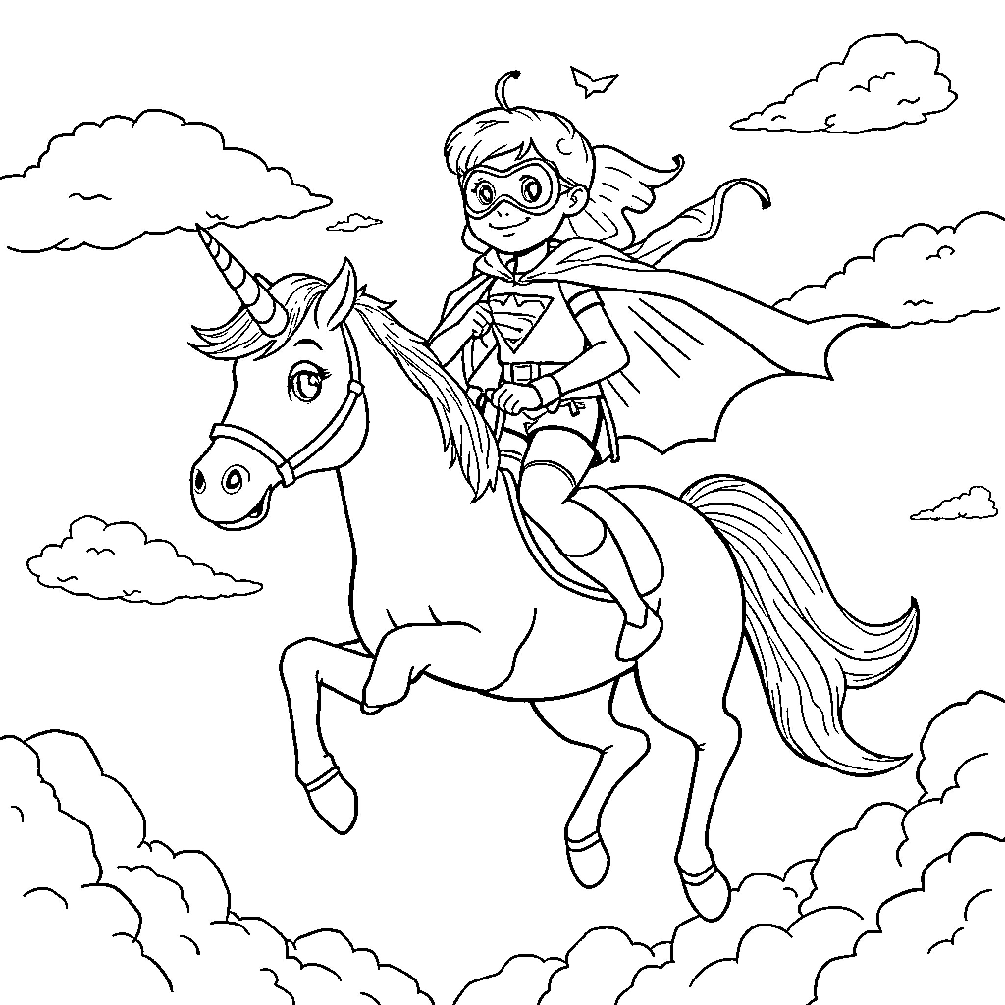 Superhero Riding a Unicorn in the Clouds Coloring Page (free black-and-white line drawing printable PDF for all, from beginners to advanced learners, including children, teens, adults, and seniors)