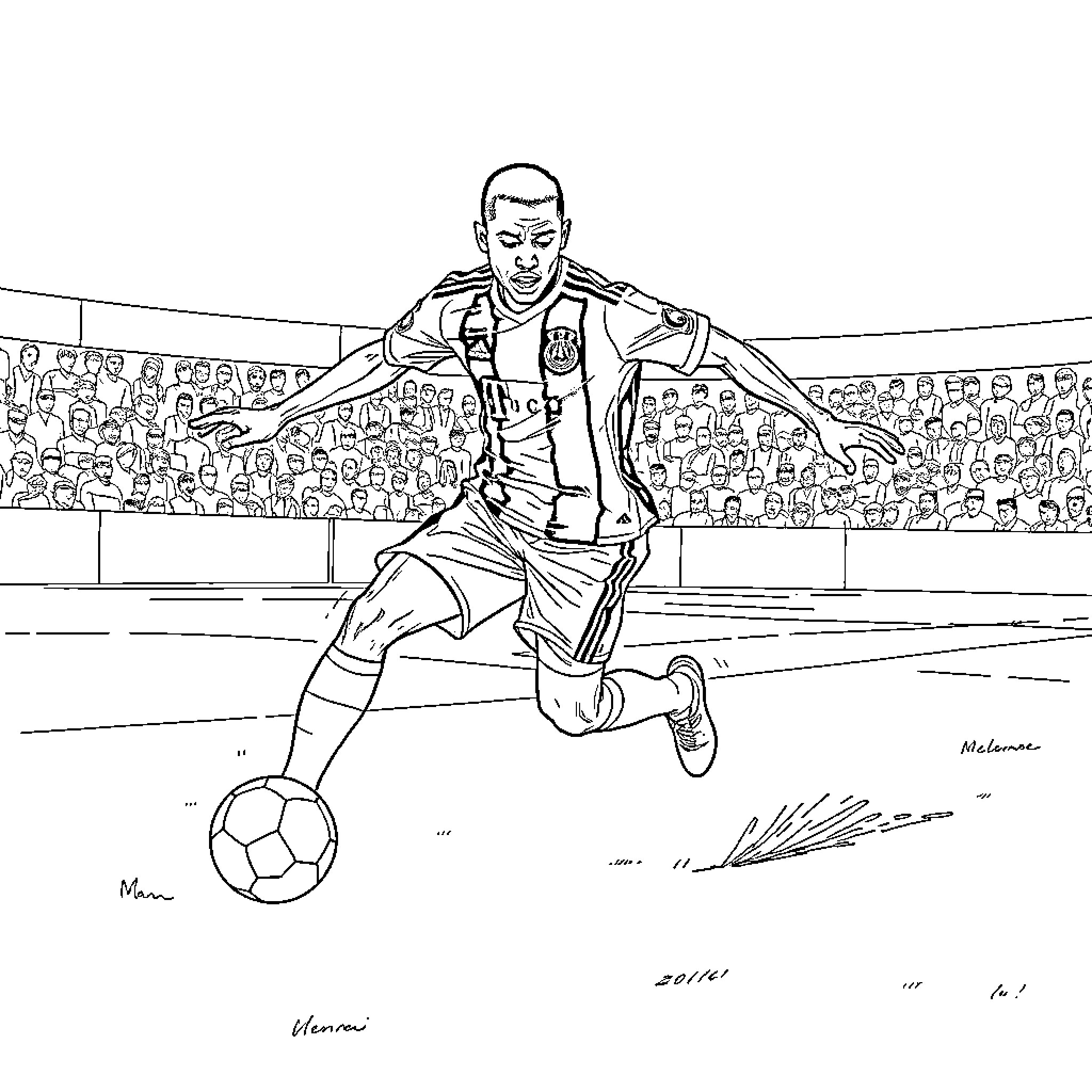 Mbappe dribbling a soccer ball in a crowded stadium Coloring Page (free black-and-white line drawing printable PDF for all, from beginners to advanced learners, including children, teens, adults, and seniors)