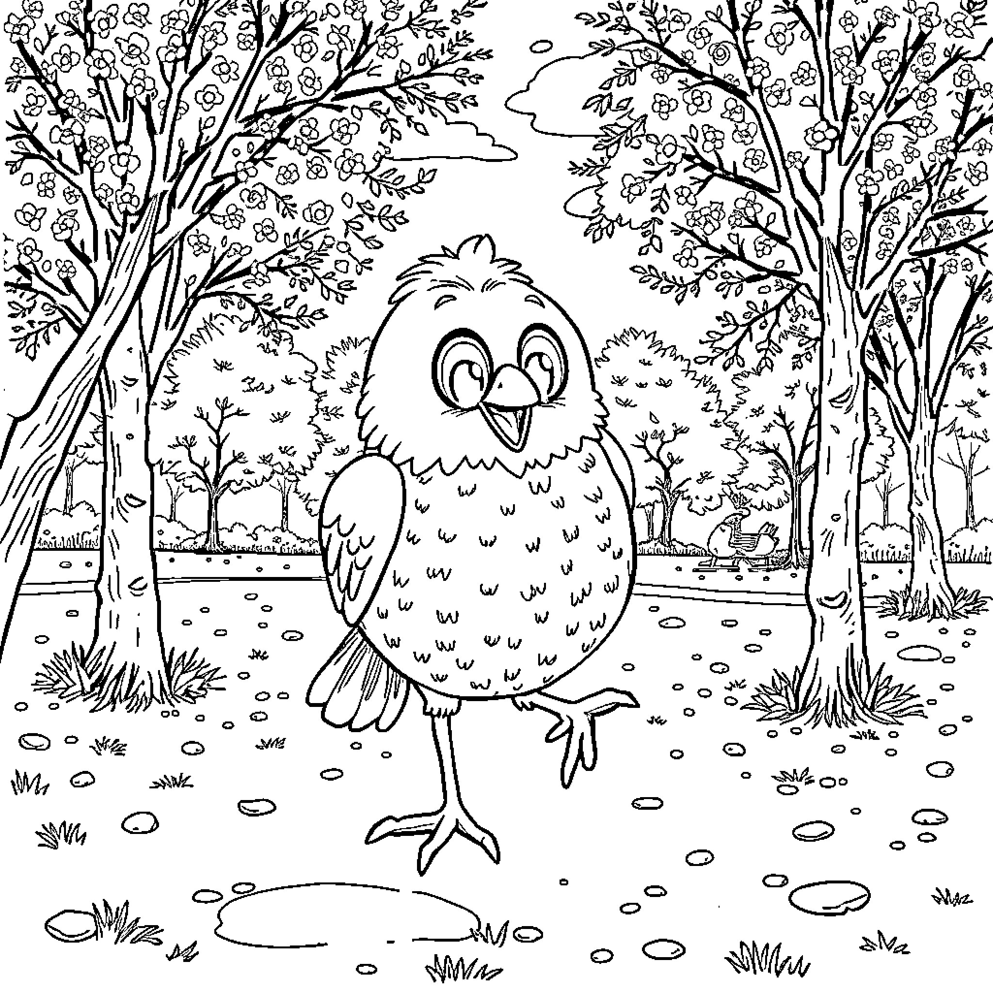 Bubo the Curious Owl in the Enchanted Forest Coloring Page (free black-and-white line drawing printable PDF for all, from beginners to advanced learners, including children, teens, adults, and seniors)