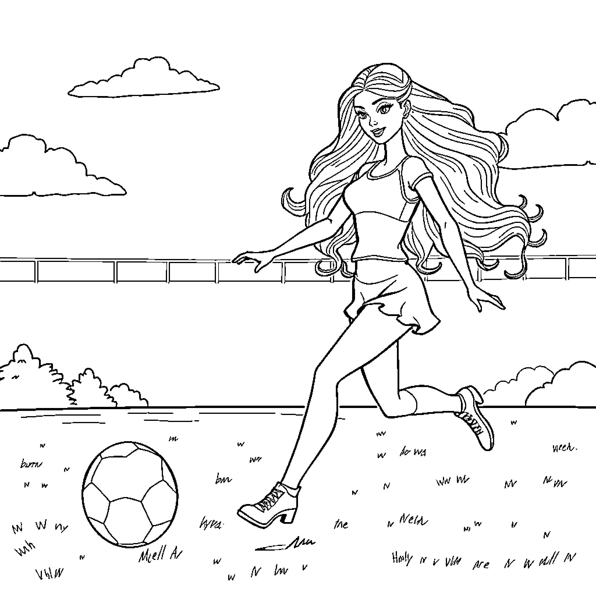 Barbie playing soccer on a sunny day Coloring Page (free black-and-white line drawing printable PDF for all, from beginners to advanced learners, including children, teens, adults, and seniors)