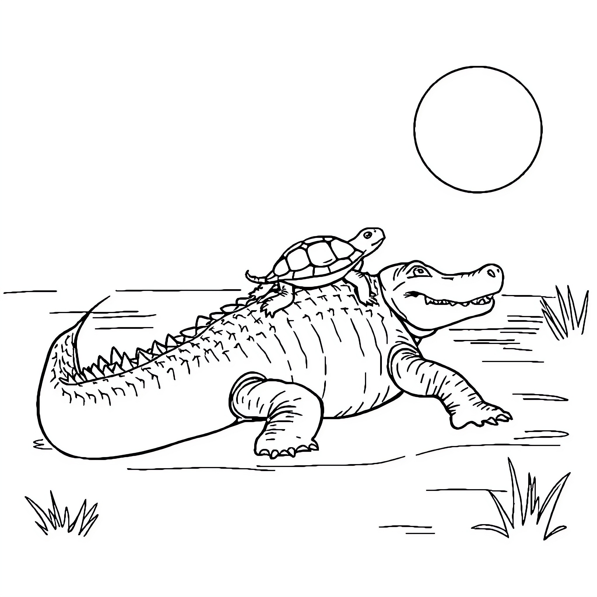 Turtle basking in the sun Coloring Page (free black-and-white line drawing printable PDF for all, from beginners to advanced learners, including children, teens, adults, and seniors)