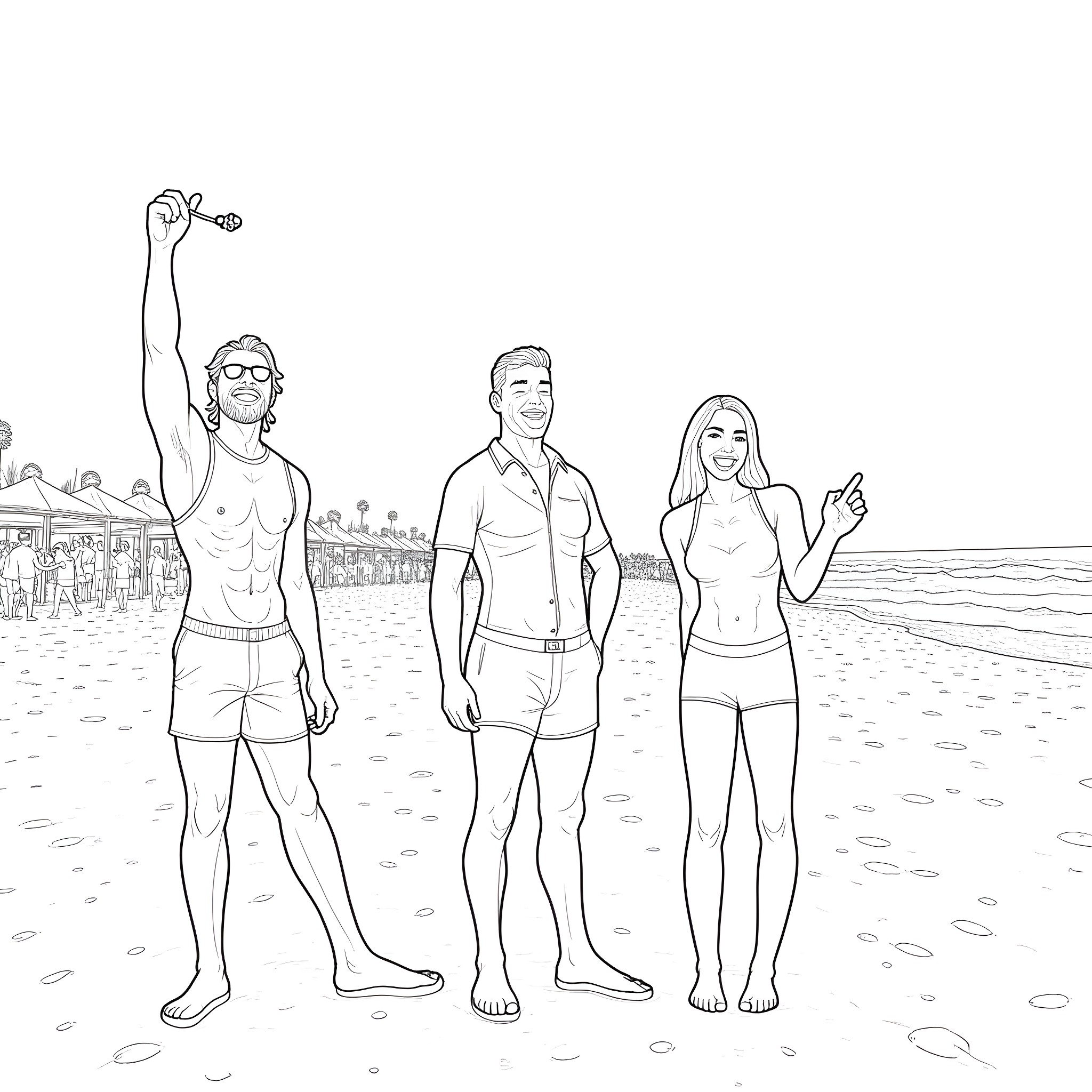 Guy Hanging Out with Friends on the Beach Coloring Page (free black-and-white line drawing printable PDF for all, from beginners to advanced learners, including children, teens, adults, and seniors)