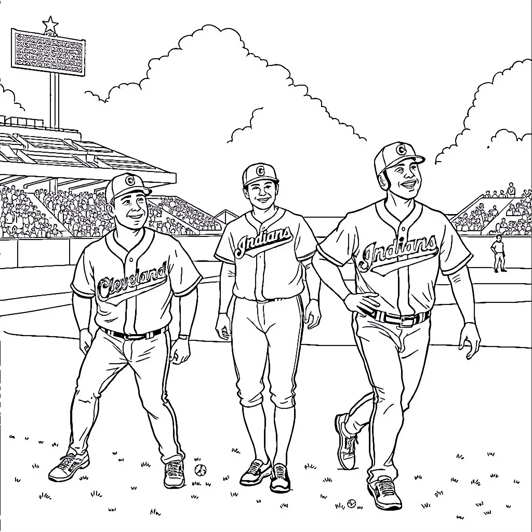 Cleveland Indians Baseball Players on the Field Coloring Page (free black-and-white line drawing printable PDF for all, from beginners to advanced learners, including children, teens, adults, and seniors)