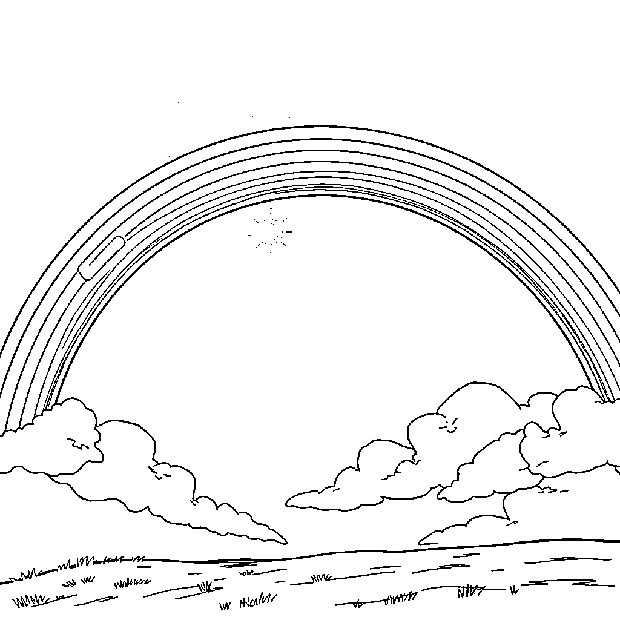 Rainbow Arch over Cloudy Horizon Coloring Page (free black-and-white line drawing printable PDF for all, from beginners to advanced learners, including children, teens, adults, and seniors)