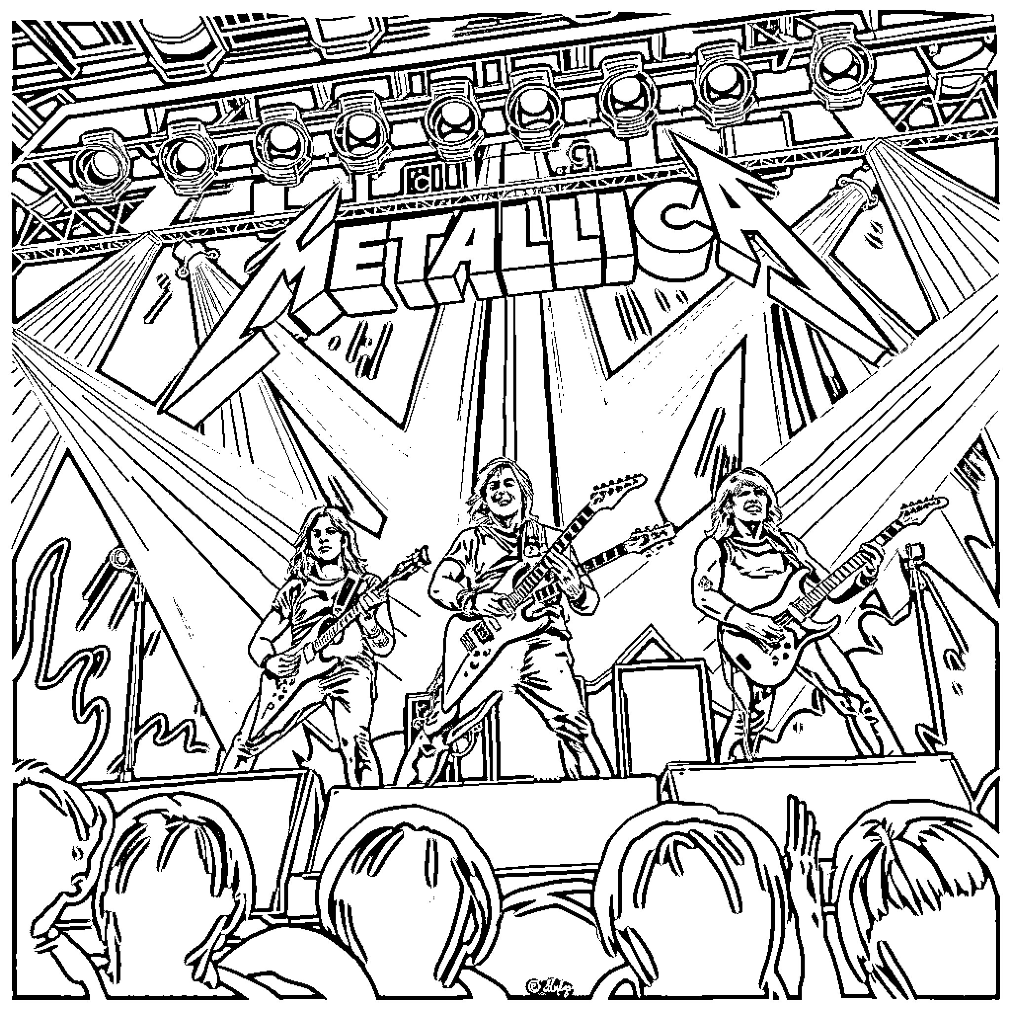 Metallica Rocking Out on Stage Coloring Page (free black-and-white line drawing printable PDF for all, from beginners to advanced learners, including children, teens, adults, and seniors)