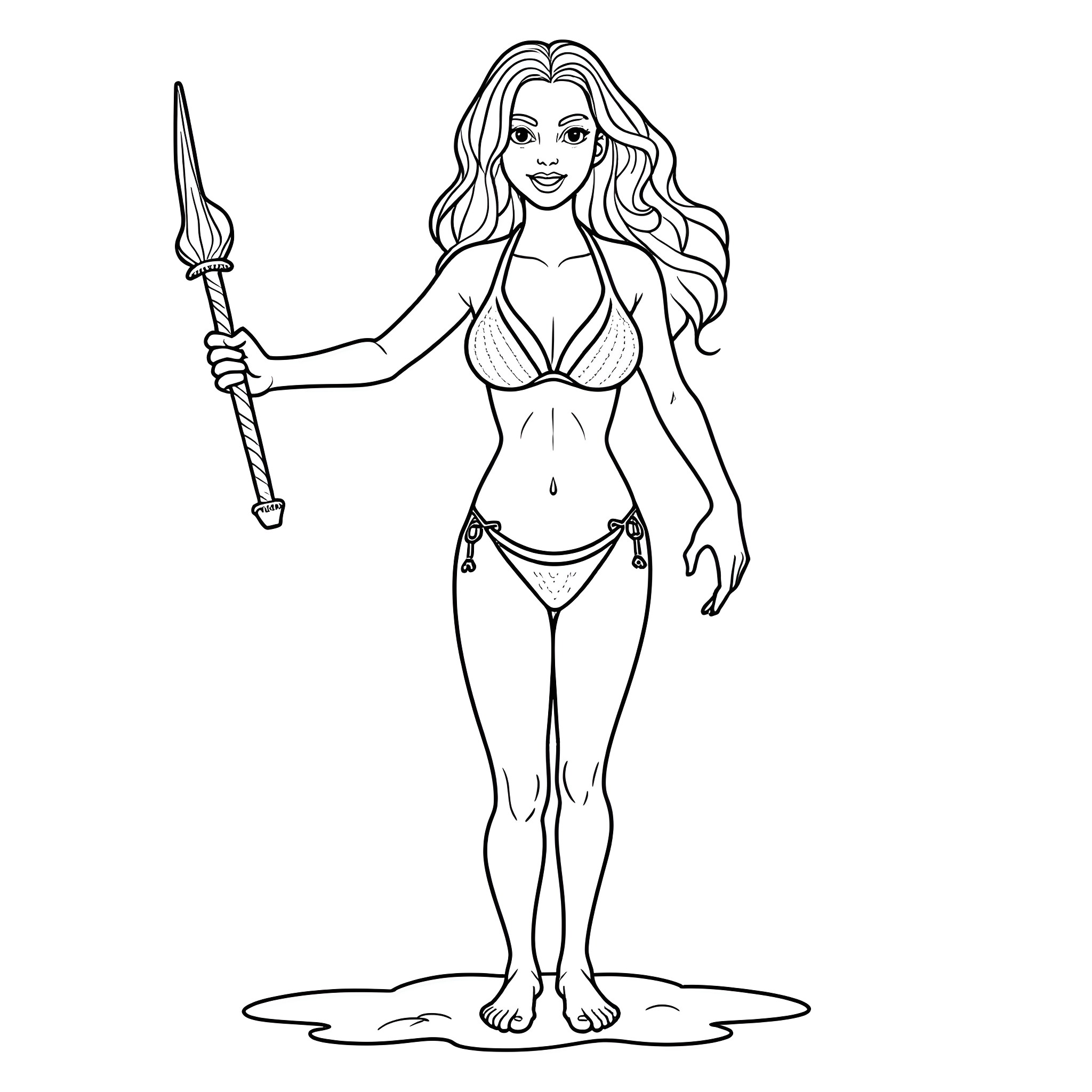 Hermione Wielding a Magical Spear Coloring Page (free black-and-white line drawing printable PDF for all, from beginners to advanced learners, including children, teens, adults, and seniors)