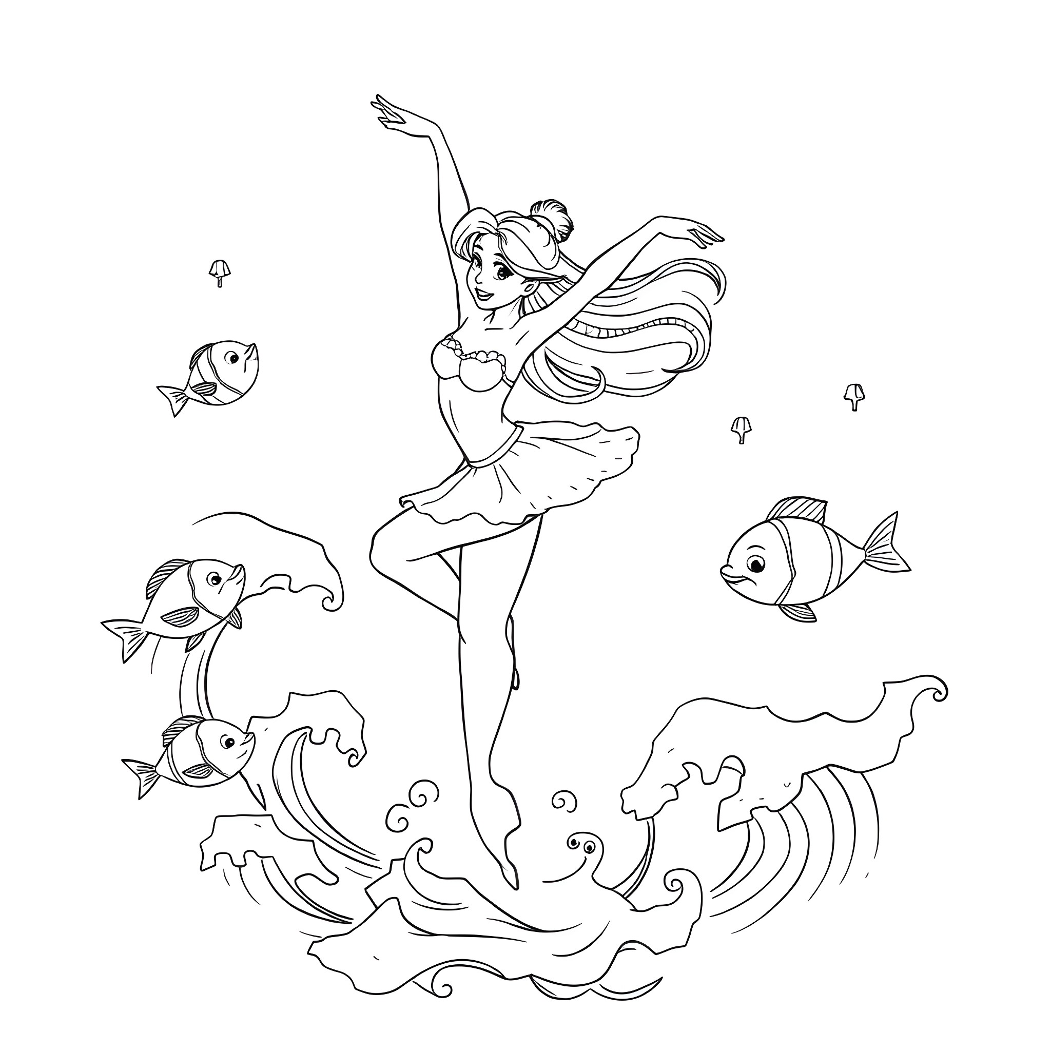 Ariel dancing gracefully amidst ocean creatures Coloring Page (free black-and-white line drawing printable PDF for all, from beginners to advanced learners, including children, teens, adults, and seniors)