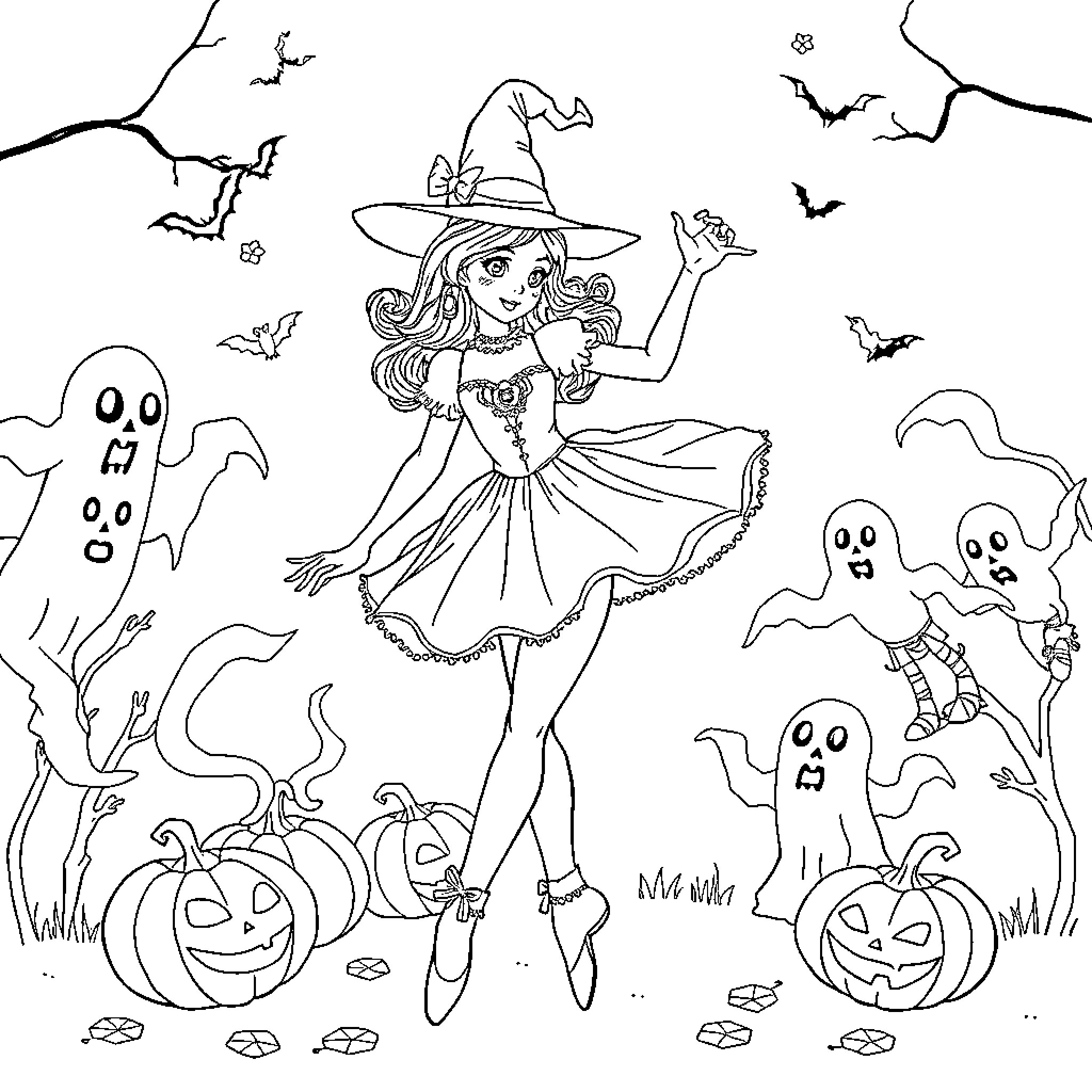Ballerina in Spooky Halloween Costume and Scene Coloring Page (free black-and-white line drawing printable PDF for all, from beginners to advanced learners, including children, teens, adults, and seniors)