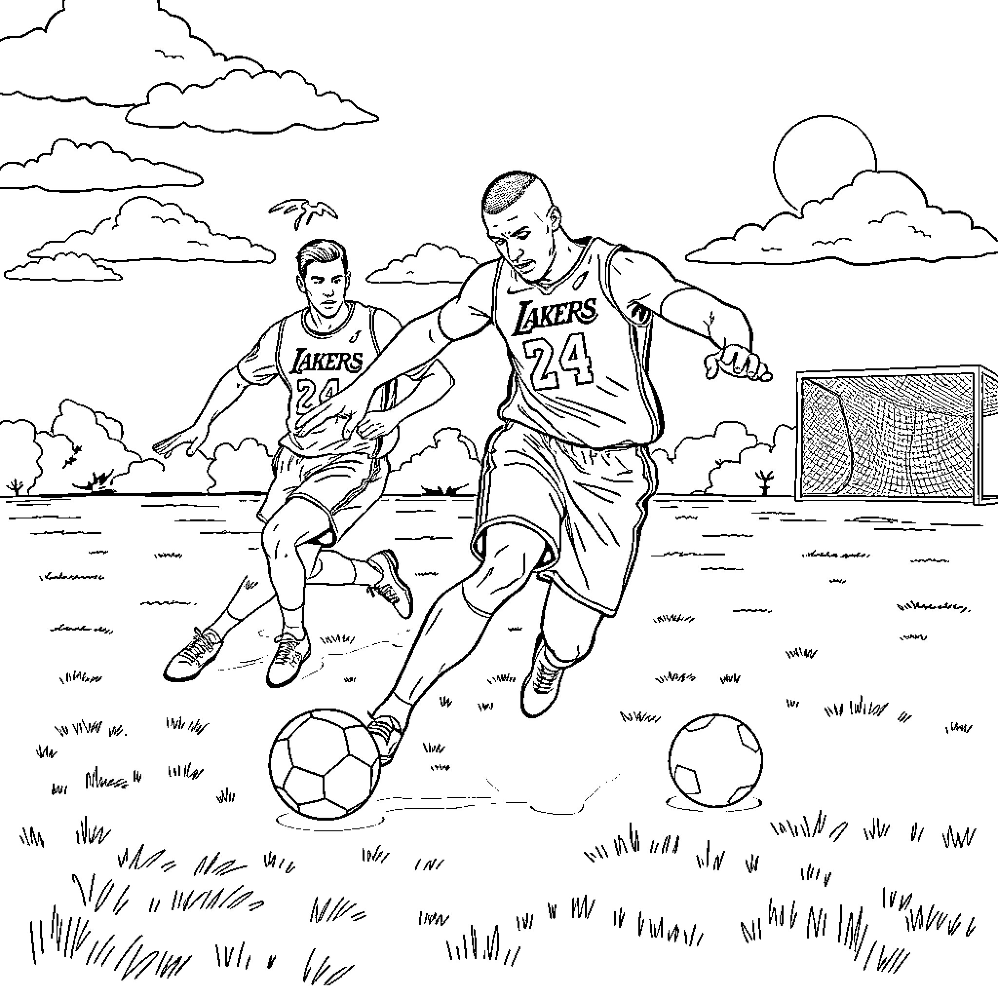 Kobe Bryant players in soccer match Coloring Page (free black-and-white line drawing printable PDF for all, from beginners to advanced learners, including children, teens, adults, and seniors)