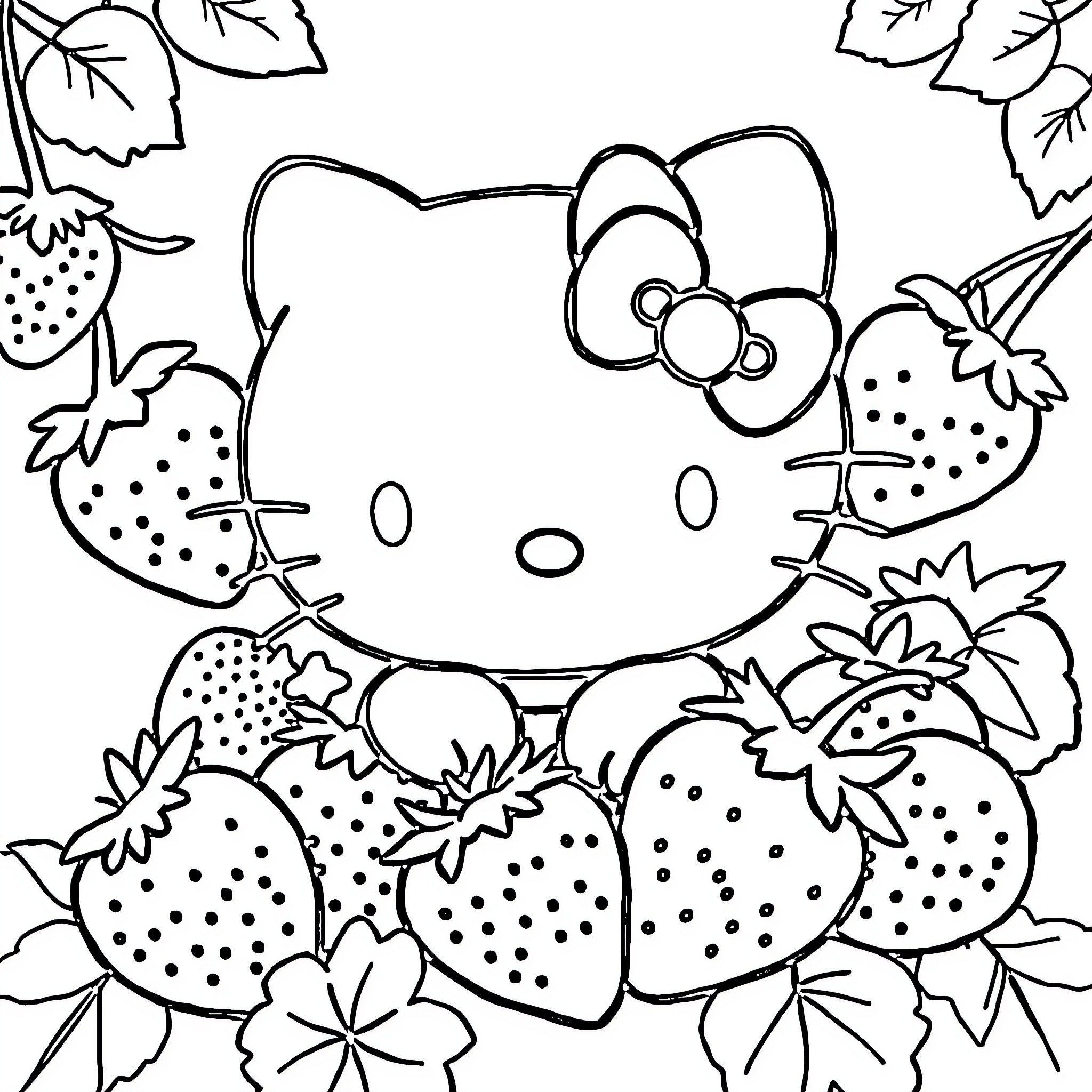 Hello Kitty surrounded by strawberries and flowers Coloring Page (free black-and-white line drawing printable PDF for all, from beginners to advanced learners, including children, teens, adults, and seniors)
