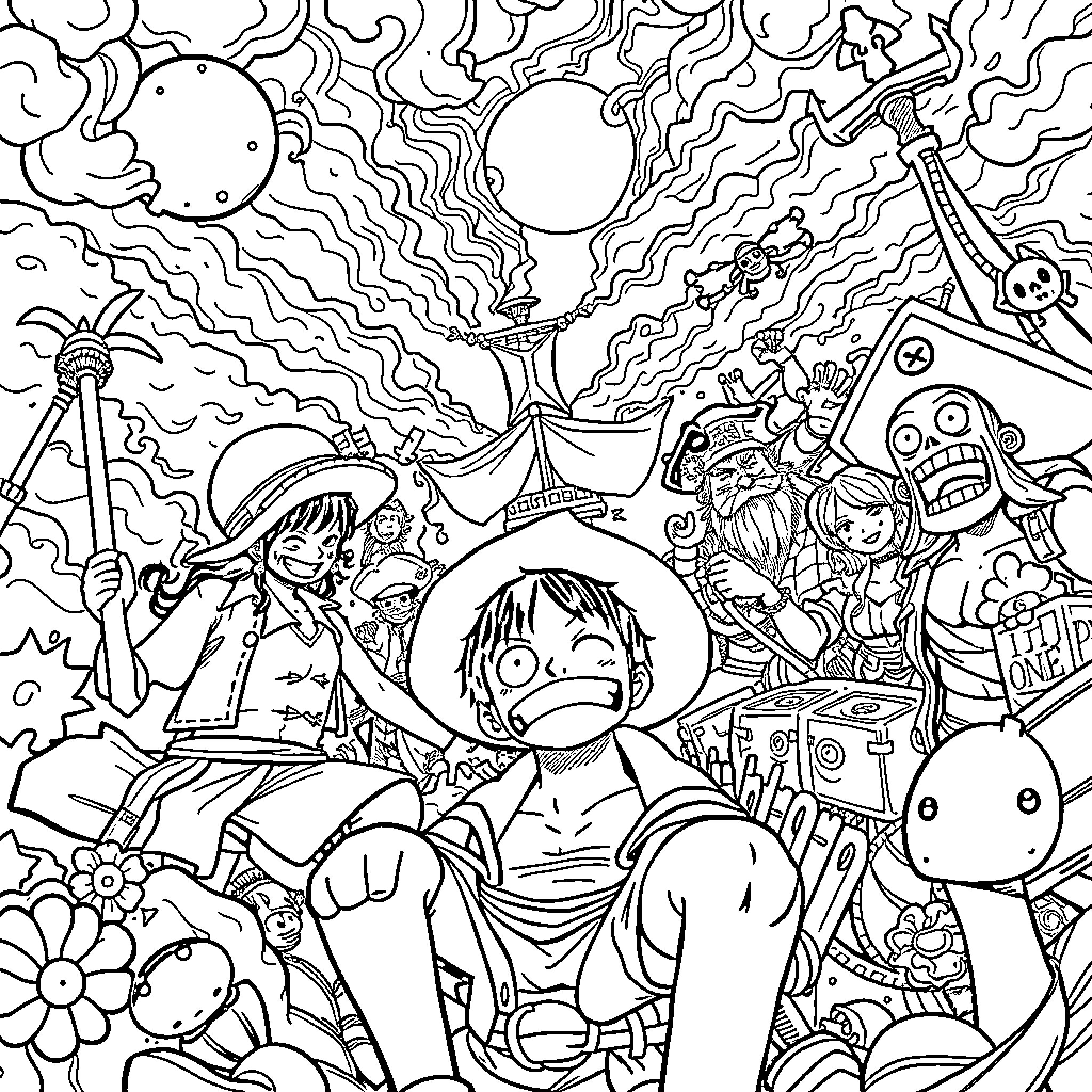 One Piece: Straw Hat Crew's Vibrant and Whimsical Adventure Coloring Page (free black-and-white line drawing printable PDF for all, from beginners to advanced learners, including children, teens, adults, and seniors)