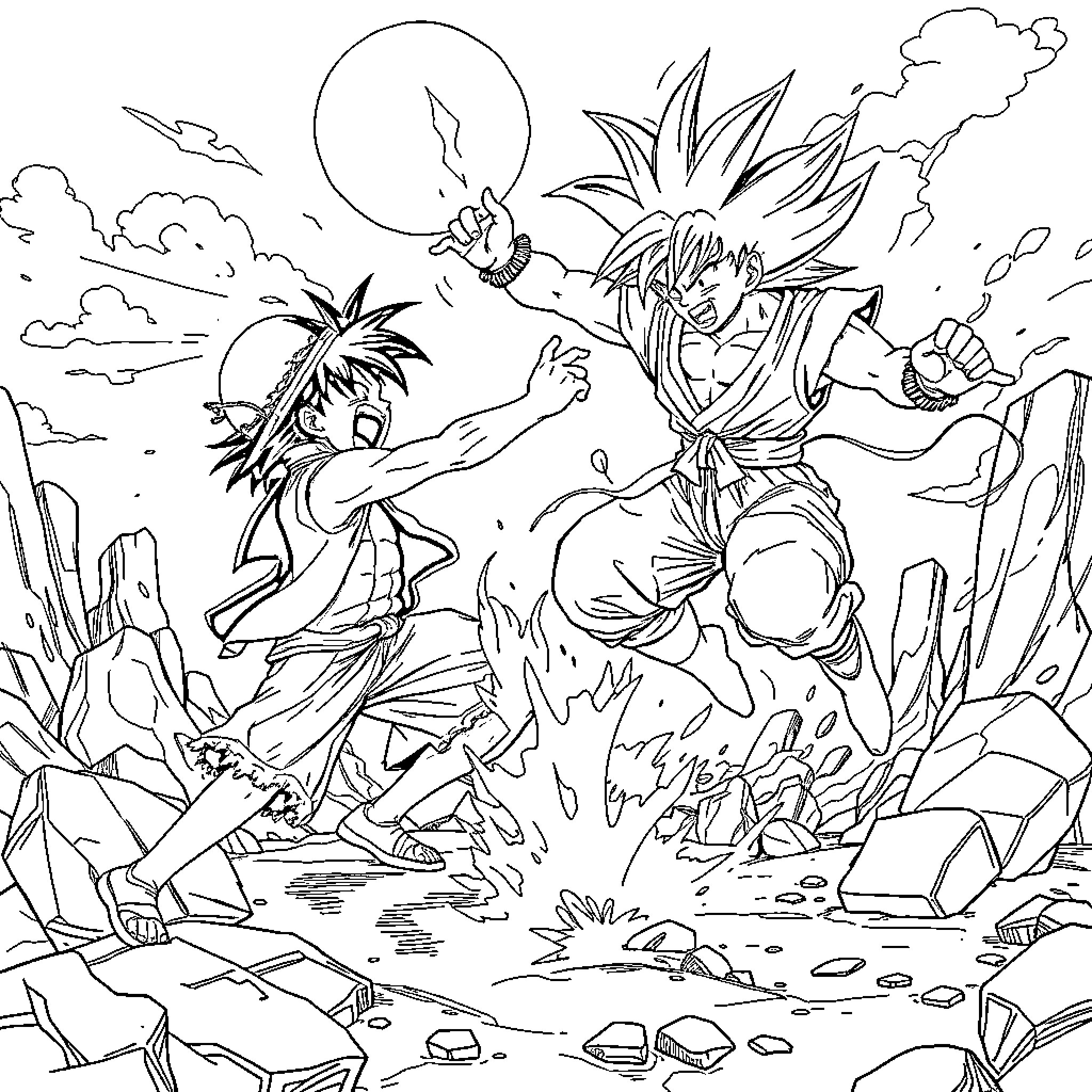 Luffy's Heroic Battle in Rugged Landscape Coloring Page (free black-and-white line drawing printable PDF for all, from beginners to advanced learners, including children, teens, adults, and seniors)