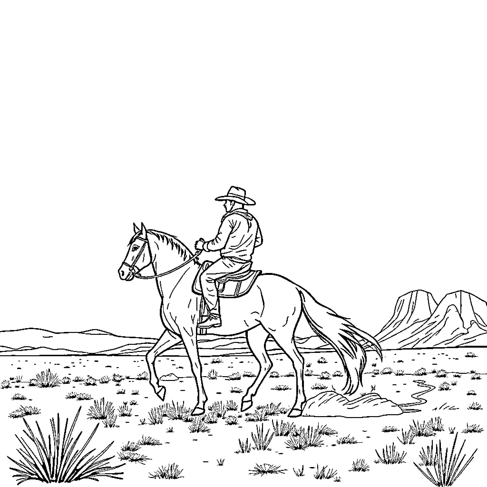 Cowboy riding horse in desert landscape Coloring Page (free black-and-white line drawing printable PDF for all, from beginners to advanced learners, including children, teens, adults, and seniors)