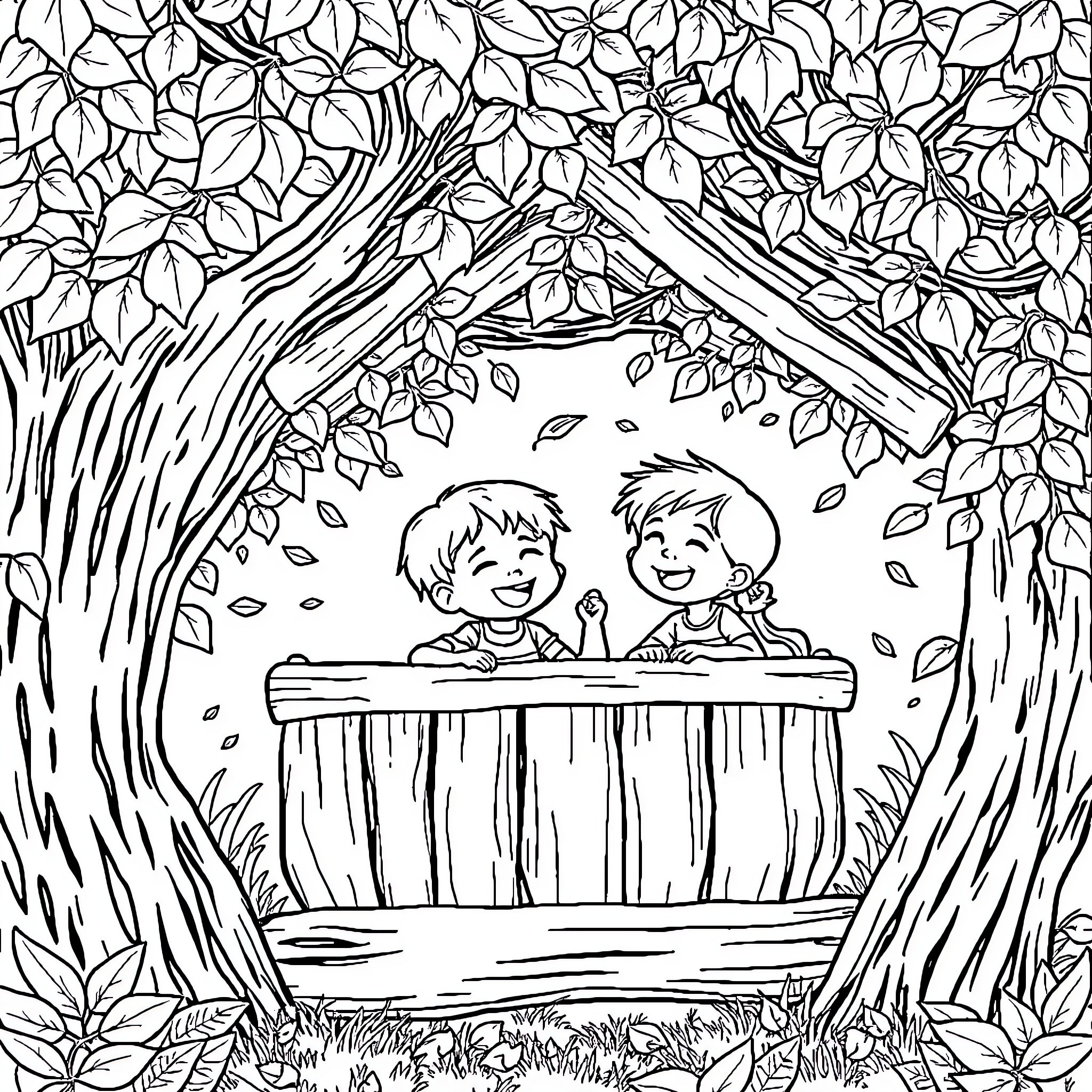 Child friends playing on a wooden bench in nature Coloring Page (free black-and-white line drawing printable PDF for all, from beginners to advanced learners, including children, teens, adults, and seniors)