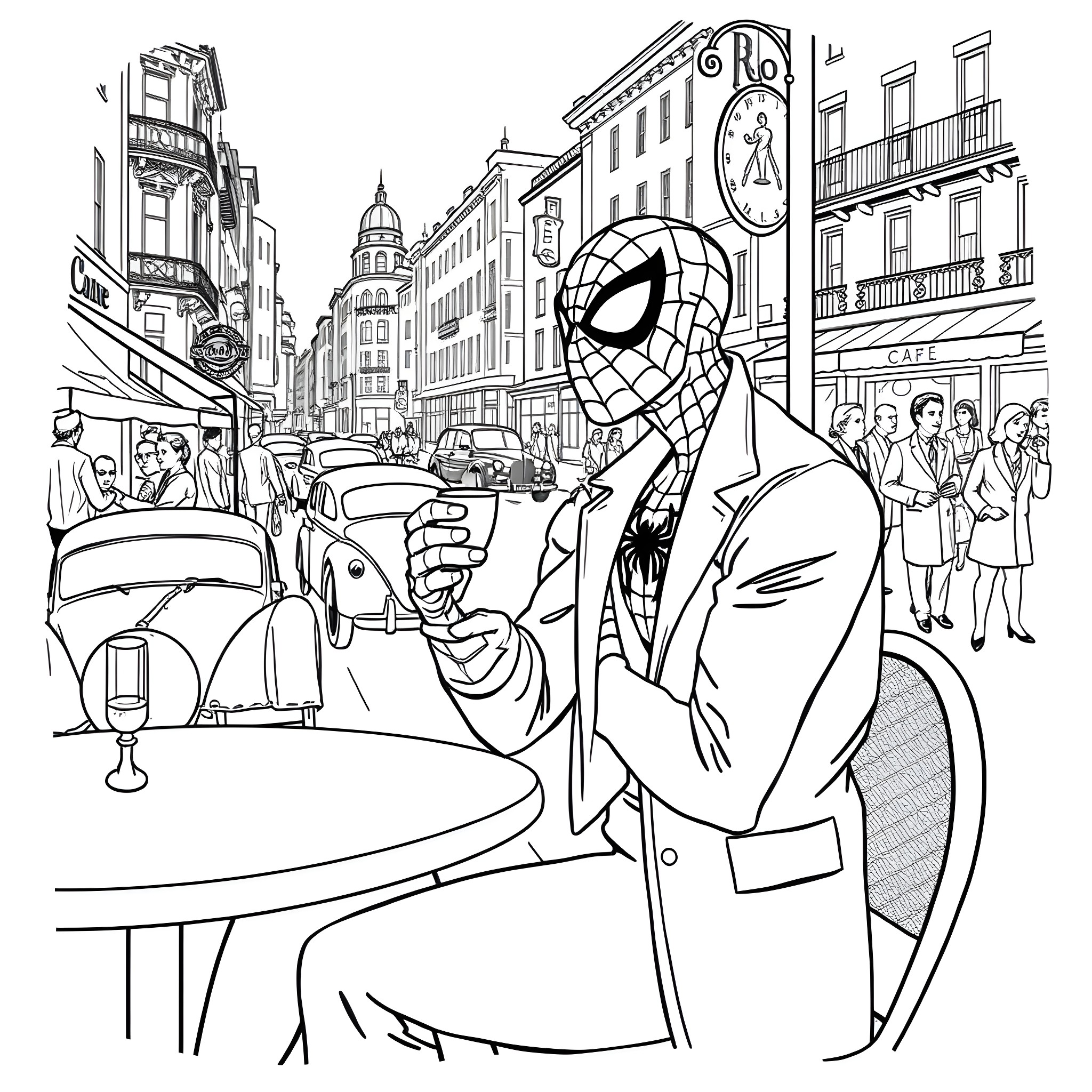 Spiderman enjoying a coffee in the city streets Coloring Page (free black-and-white line drawing printable PDF for all, from beginners to advanced learners, including children, teens, adults, and seniors)