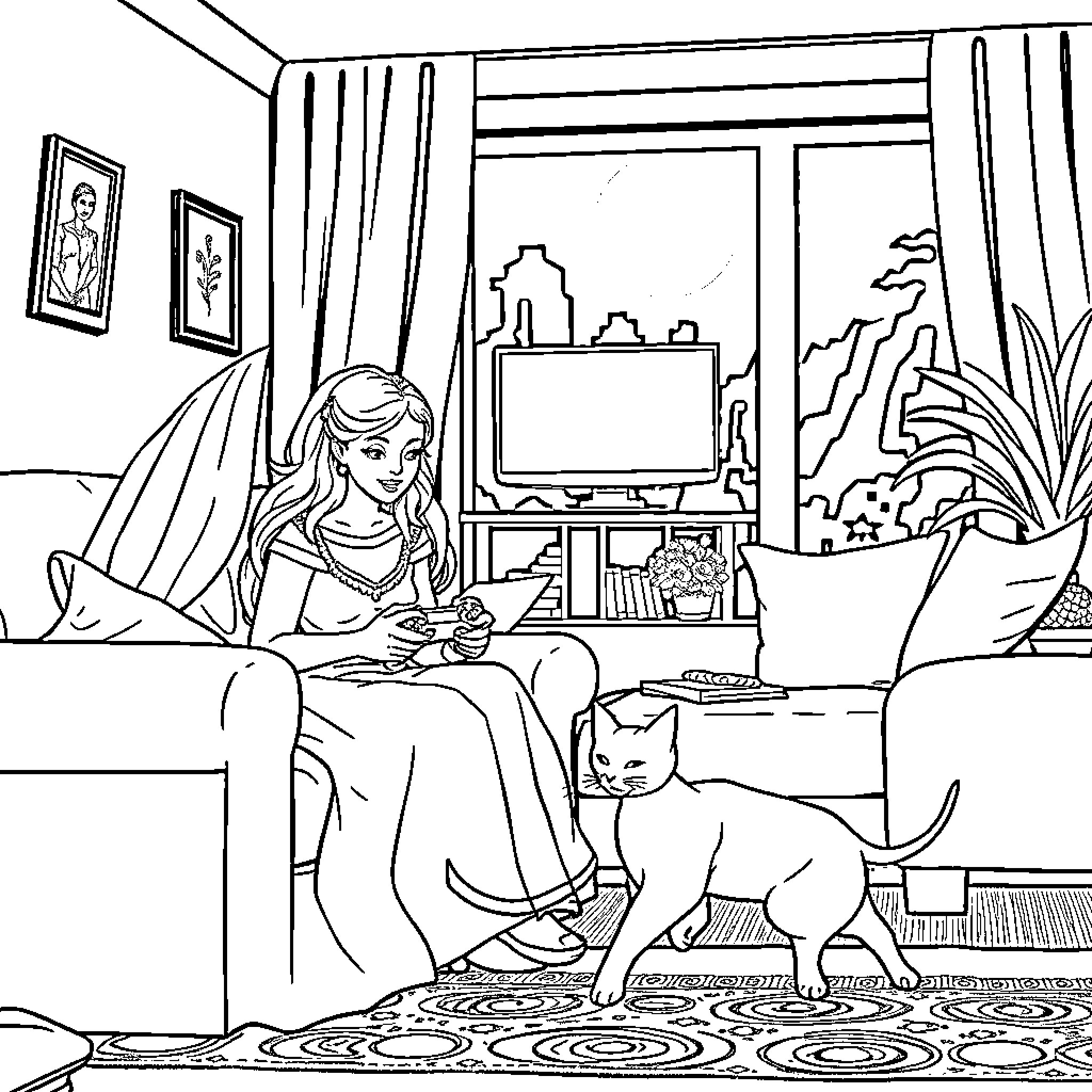 Bride relaxing at home with her pet Coloring Page (free black-and-white line drawing printable PDF for all, from beginners to advanced learners, including children, teens, adults, and seniors)