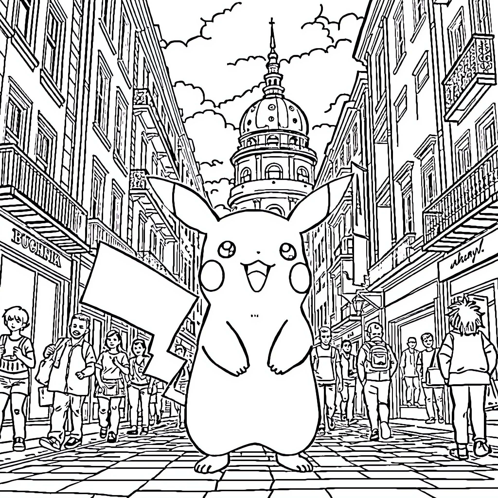 Pikachu exploring the lively city streets Coloring Page (free black-and-white line drawing printable PDF for all, from beginners to advanced learners, including children, teens, adults, and seniors)