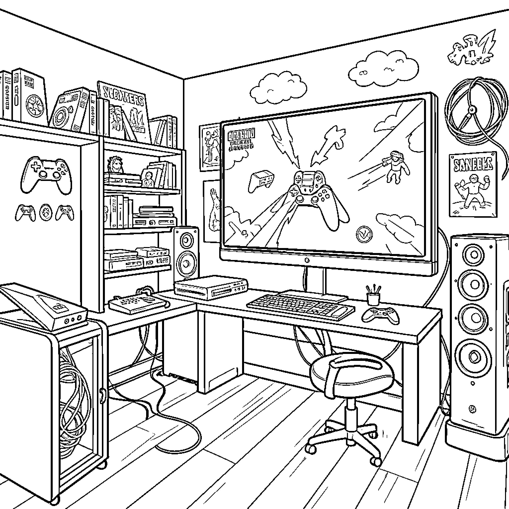 Secret Gaming setup featuring a screen and various controllers Coloring Page (free black-and-white line drawing printable PDF for all, from beginners to advanced learners, including children, teens, adults, and seniors)