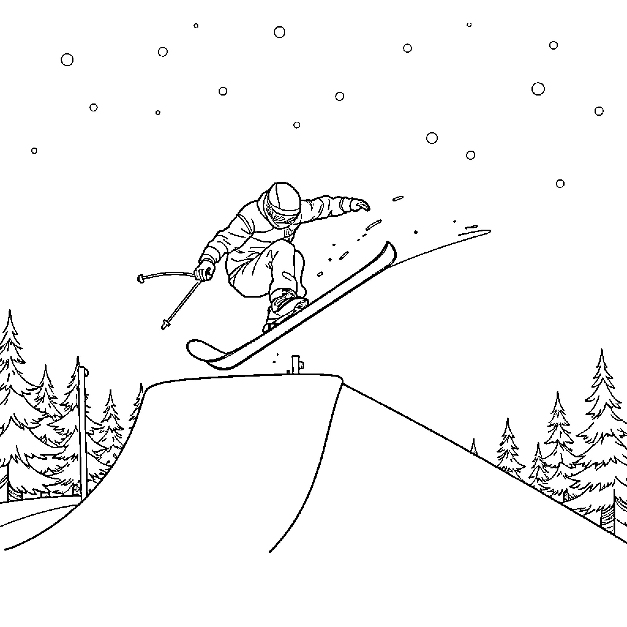 Skier performing aerial stunt in snowy landscape Coloring Page (free black-and-white line drawing printable PDF for all, from beginners to advanced learners, including children, teens, adults, and seniors)