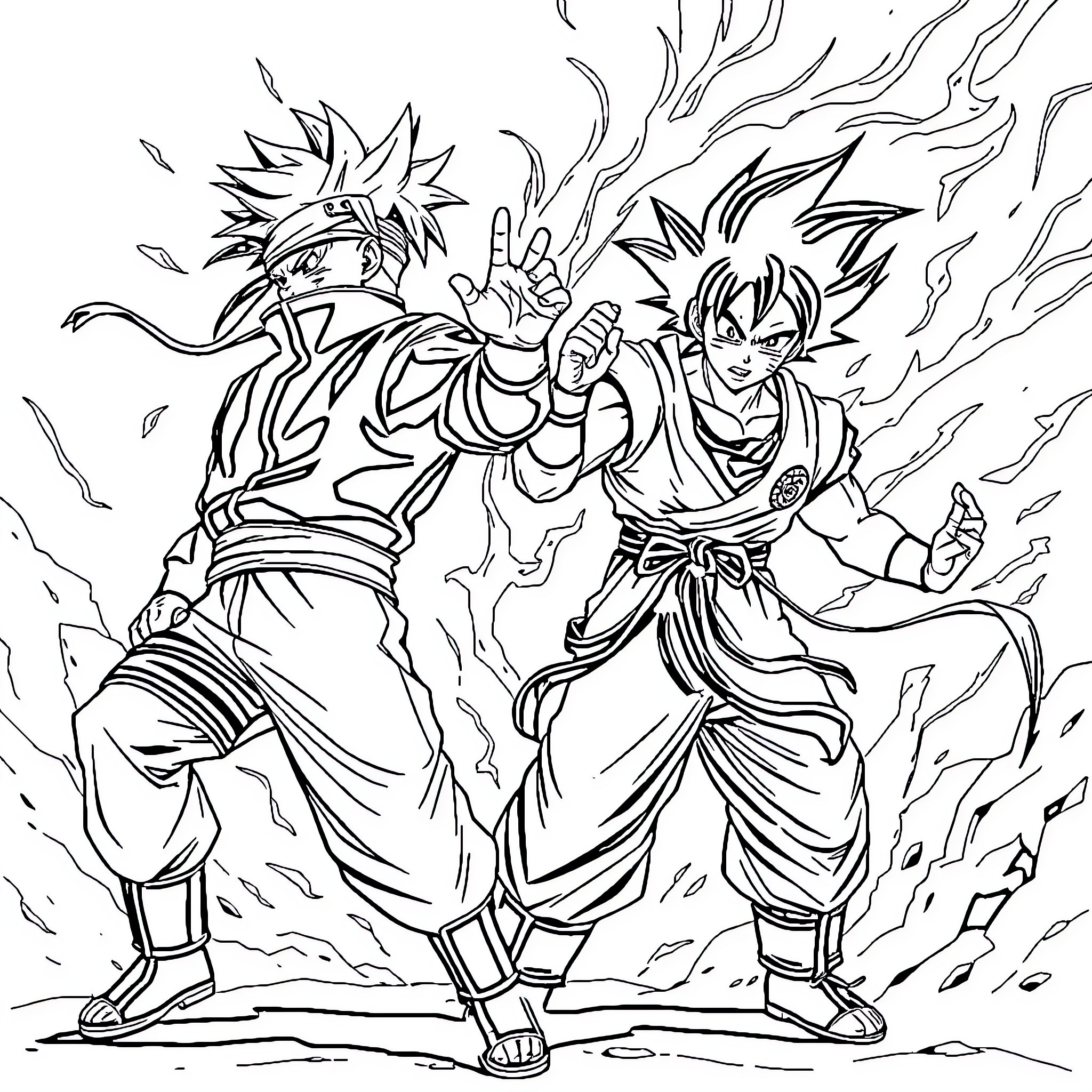 Naruto and Goku in fierce battle stance Coloring Page (free black-and-white line drawing printable PDF for all, from beginners to advanced learners, including children, teens, adults, and seniors)