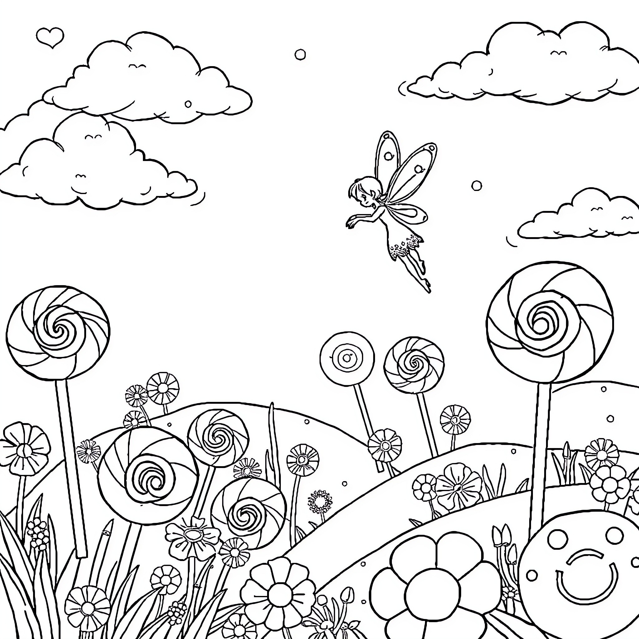 Fairy flying amidst whimsical flowers and clouds Coloring Page (free black-and-white line drawing printable PDF for all, from beginners to advanced learners, including children, teens, adults, and seniors)