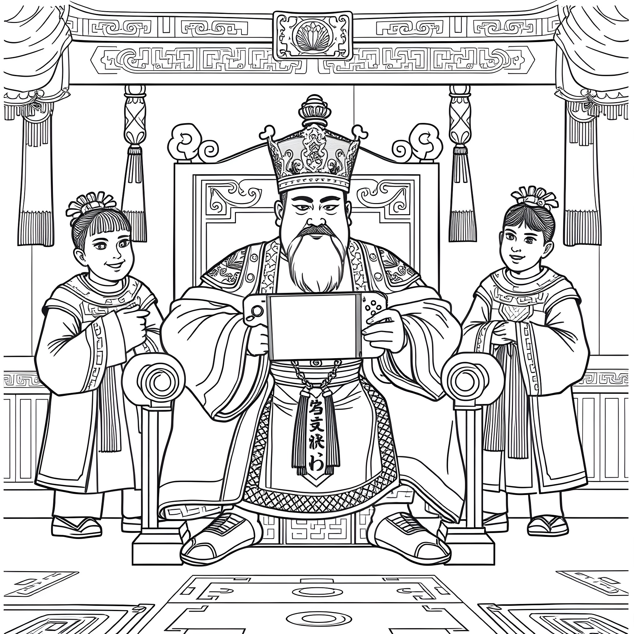 King Sejong seated in royal regalia with attendants Coloring Page (free black-and-white line drawing printable PDF for all, from beginners to advanced learners, including children, teens, adults, and seniors)