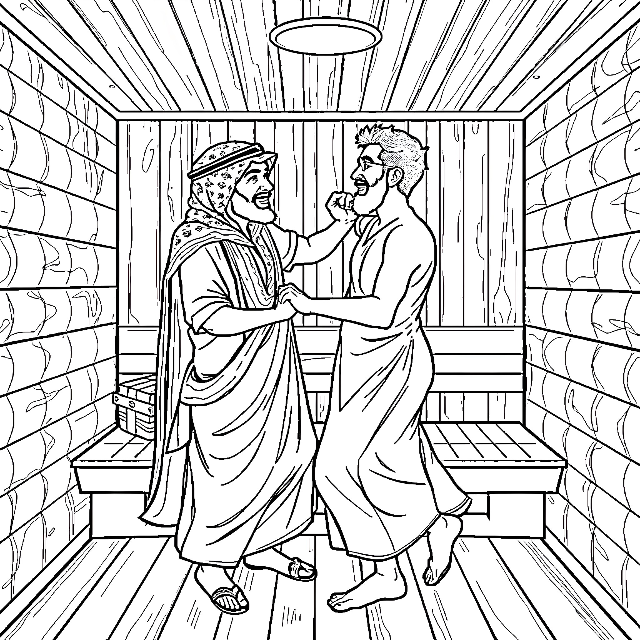 Mo Salah's Spiritual Encounter in a Rustic Setting Coloring Page (free black-and-white line drawing printable PDF for all, from beginners to advanced learners, including children, teens, adults, and seniors)