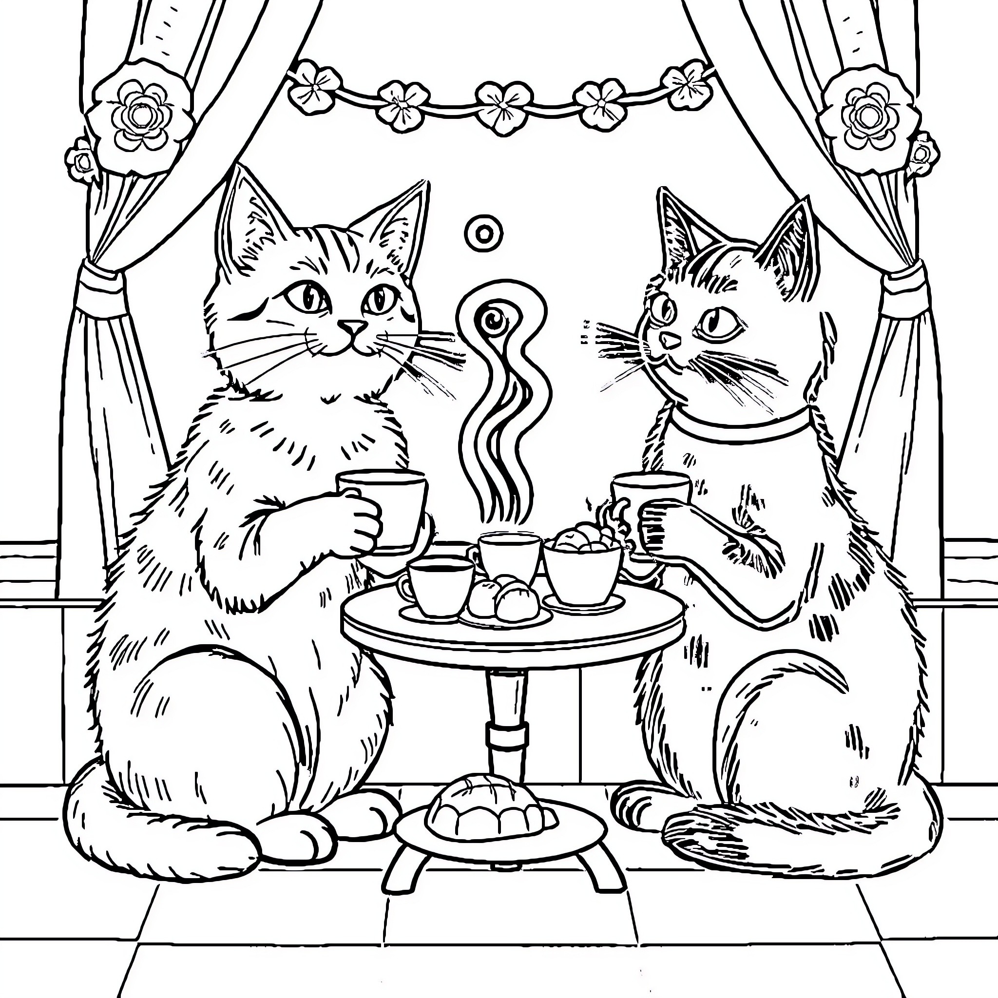 Cats having tea together in elegant room Coloring Page (free black-and-white line drawing printable PDF for all, from beginners to advanced learners, including children, teens, adults, and seniors)